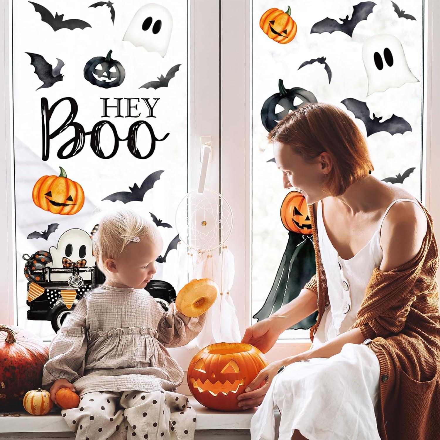 imageWhaline 6 Sheet Halloween Window Clings Black Orange Evil Scarecrow Pumpkin Truck Reusable Window Decals for Home Office School Glass DecorHey Boo