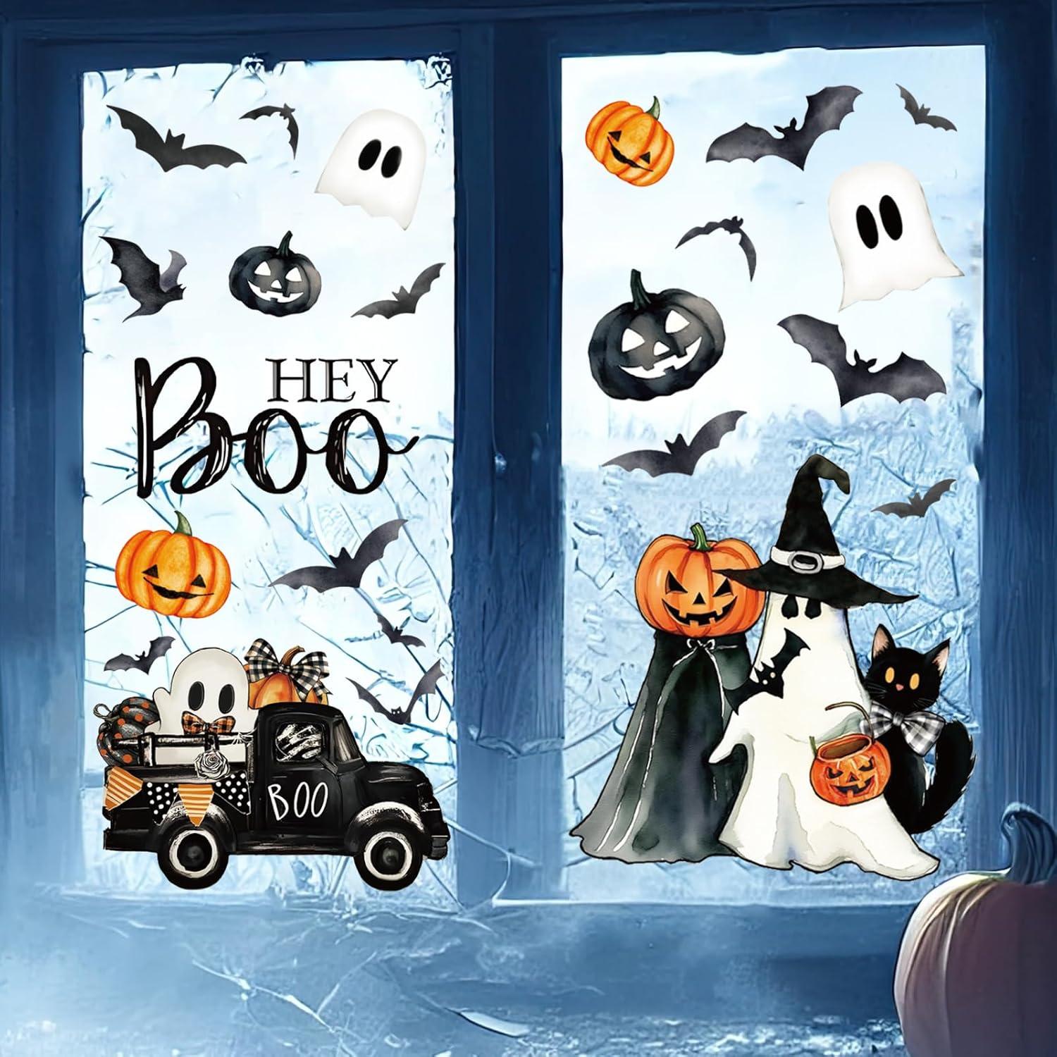 imageWhaline 6 Sheet Halloween Window Clings Black Orange Evil Scarecrow Pumpkin Truck Reusable Window Decals for Home Office School Glass DecorHey Boo