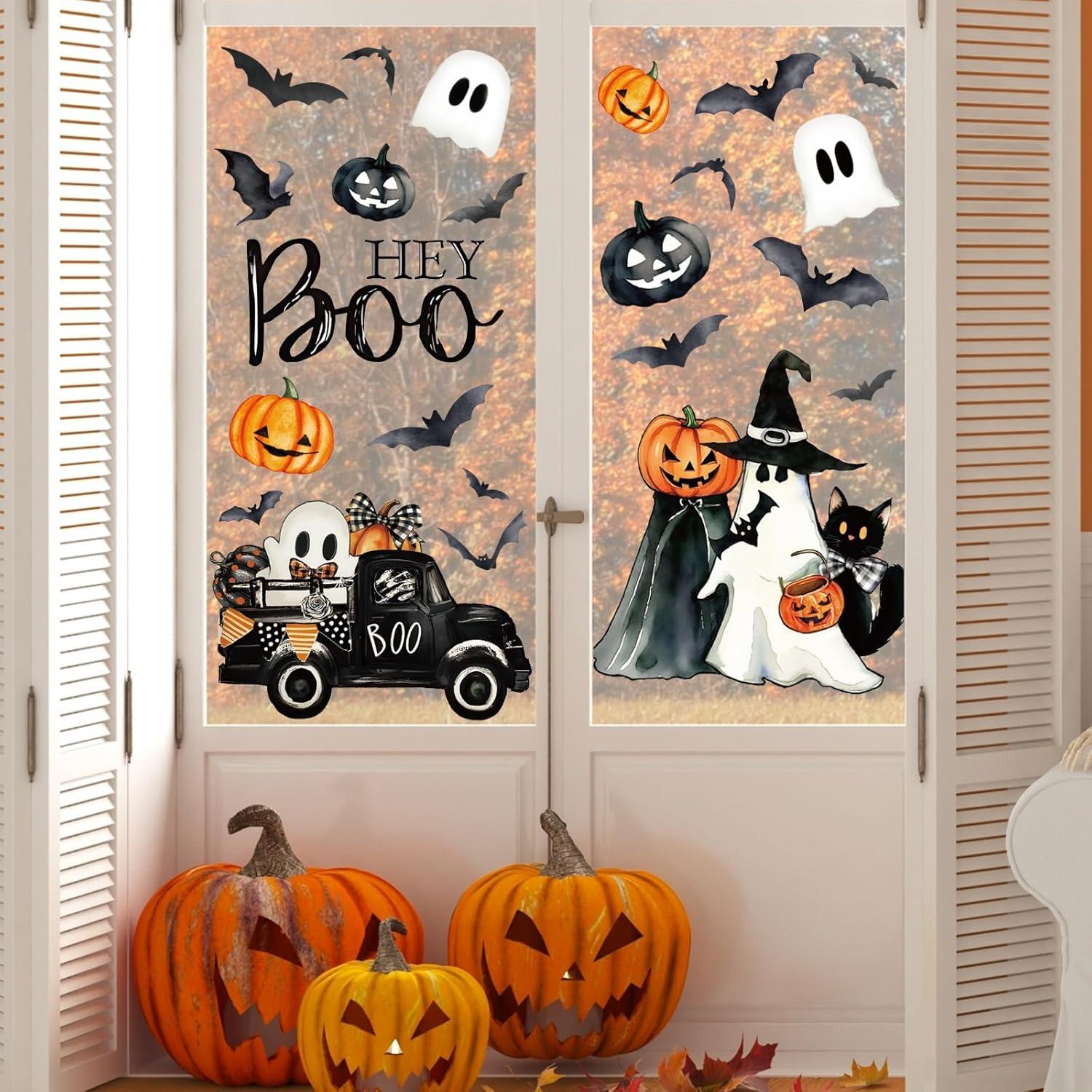 imageWhaline 6 Sheet Halloween Window Clings Black Orange Evil Scarecrow Pumpkin Truck Reusable Window Decals for Home Office School Glass DecorHey Boo