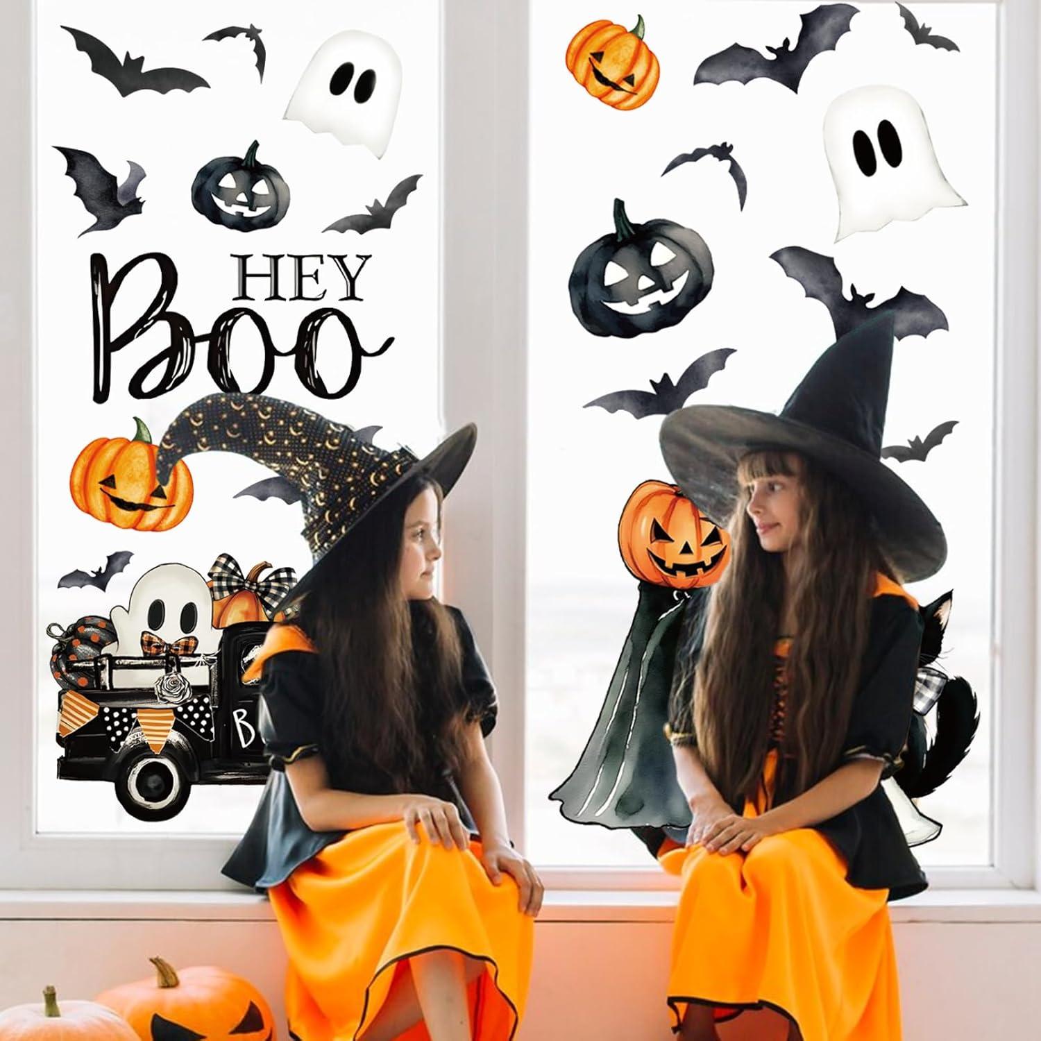 imageWhaline 6 Sheet Halloween Window Clings Black Orange Evil Scarecrow Pumpkin Truck Reusable Window Decals for Home Office School Glass DecorHey Boo