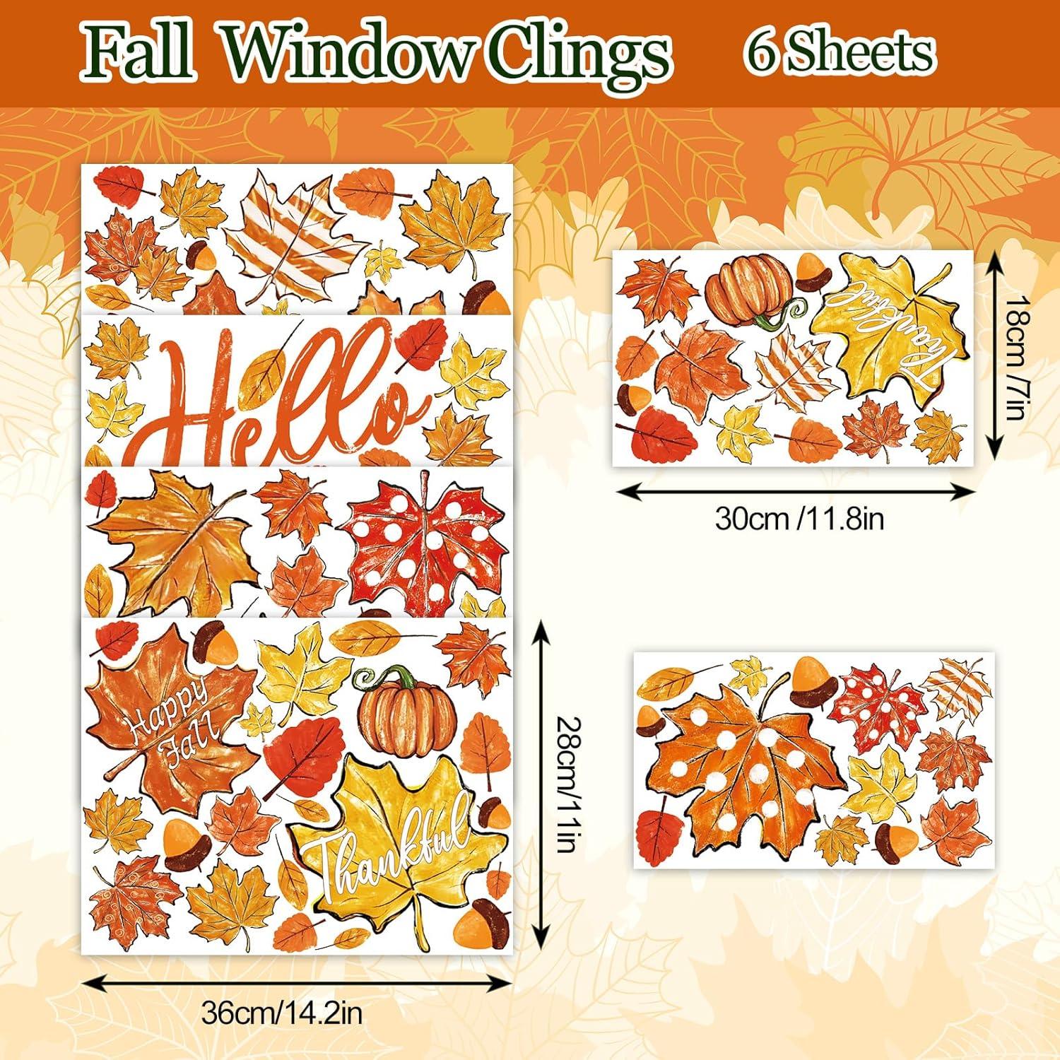 imageWhaline 6 Sheet Halloween Window Clings Black Orange Evil Scarecrow Pumpkin Truck Reusable Window Decals for Home Office School Glass DecorMaple Leaves