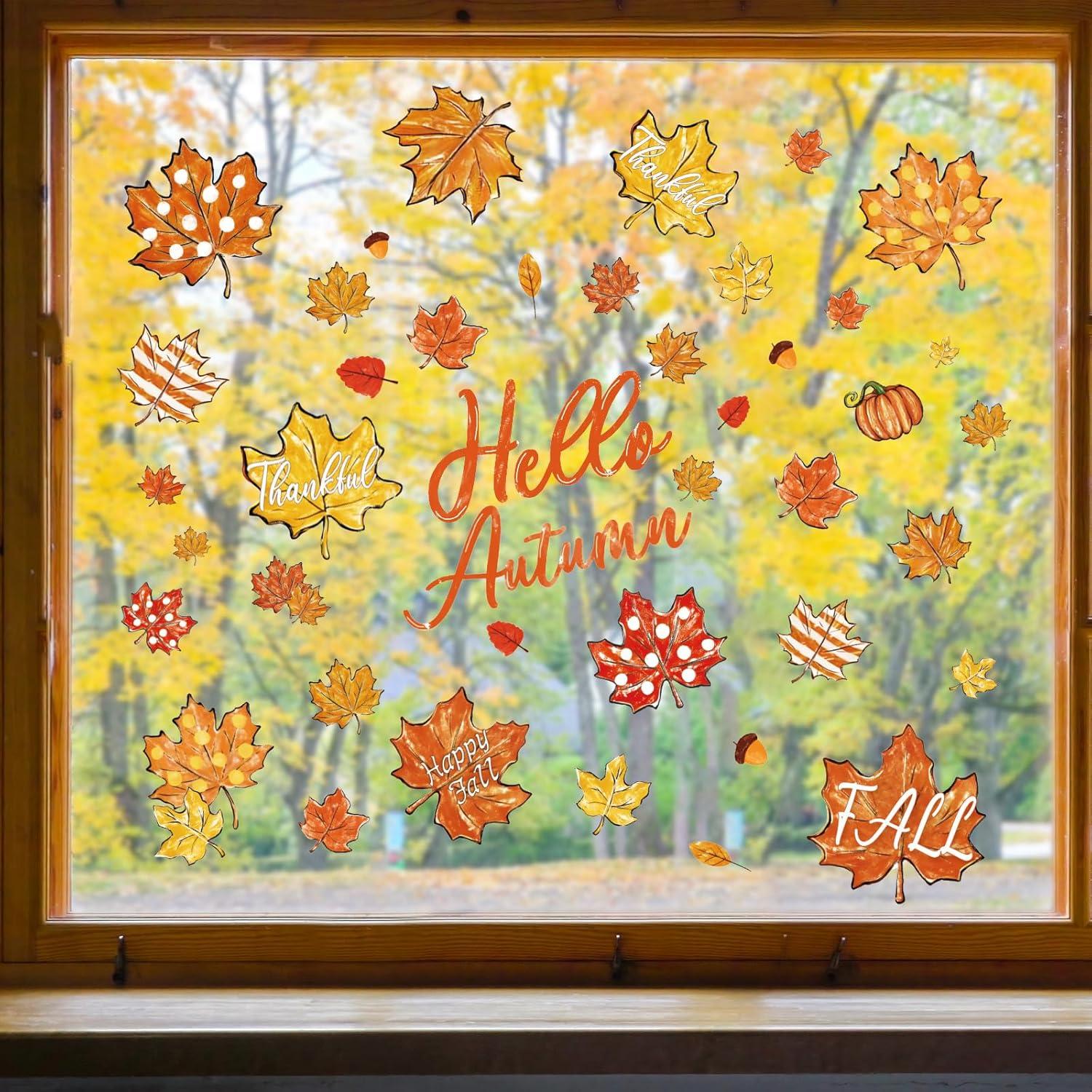 imageWhaline 6 Sheet Halloween Window Clings Black Orange Evil Scarecrow Pumpkin Truck Reusable Window Decals for Home Office School Glass DecorMaple Leaves