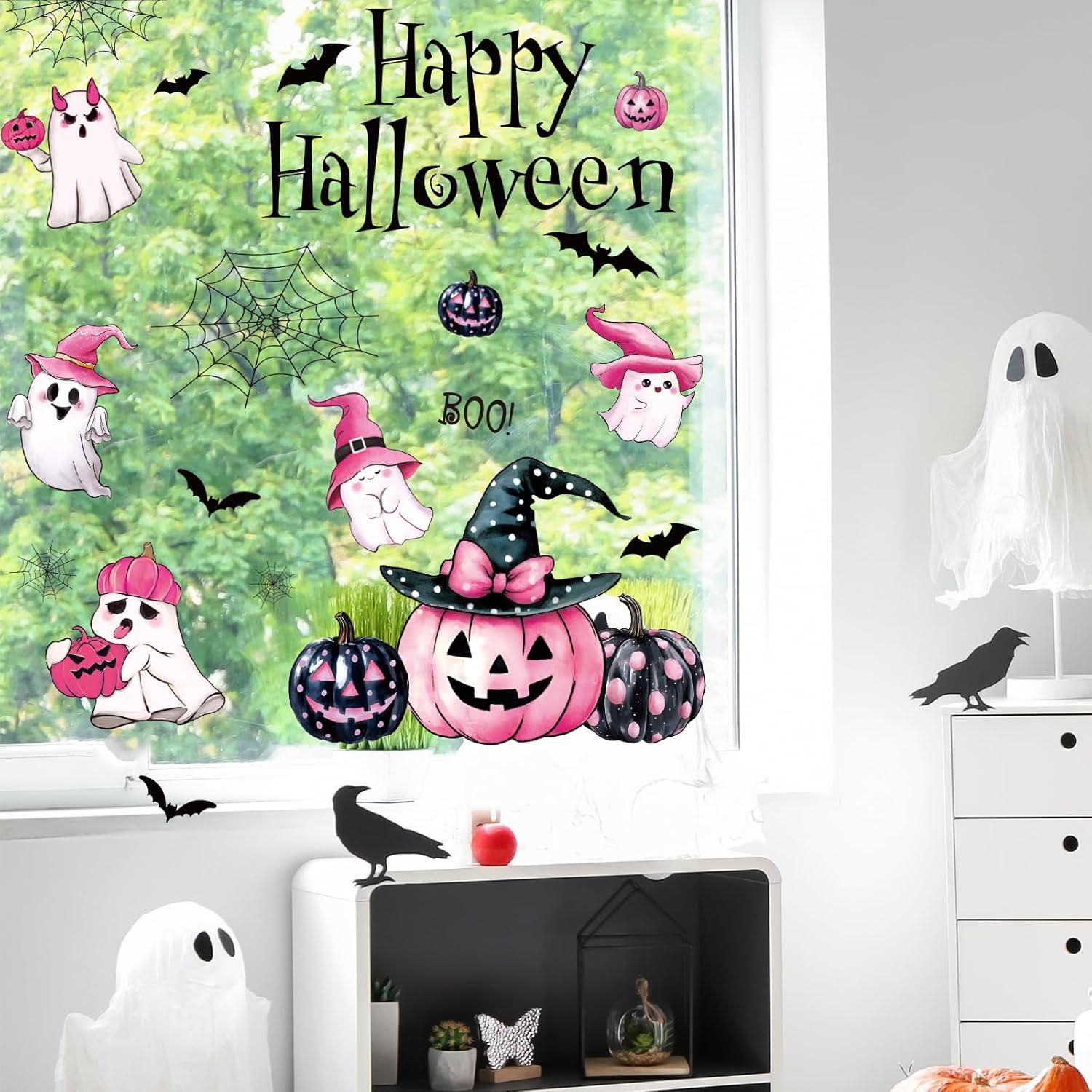imageWhaline 6 Sheet Halloween Window Clings Black Orange Evil Scarecrow Pumpkin Truck Reusable Window Decals for Home Office School Glass DecorPink Halloween