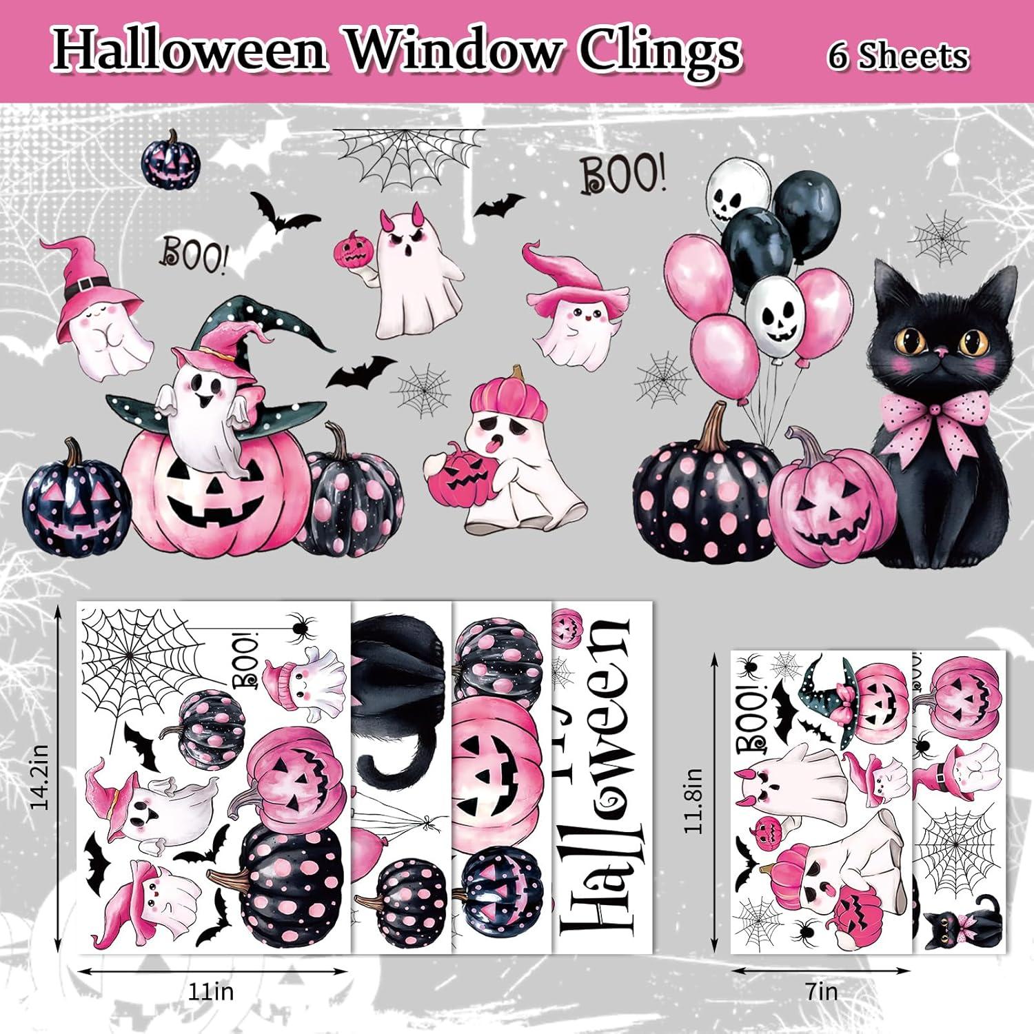 imageWhaline 6 Sheet Halloween Window Clings Black Orange Evil Scarecrow Pumpkin Truck Reusable Window Decals for Home Office School Glass DecorPink Halloween