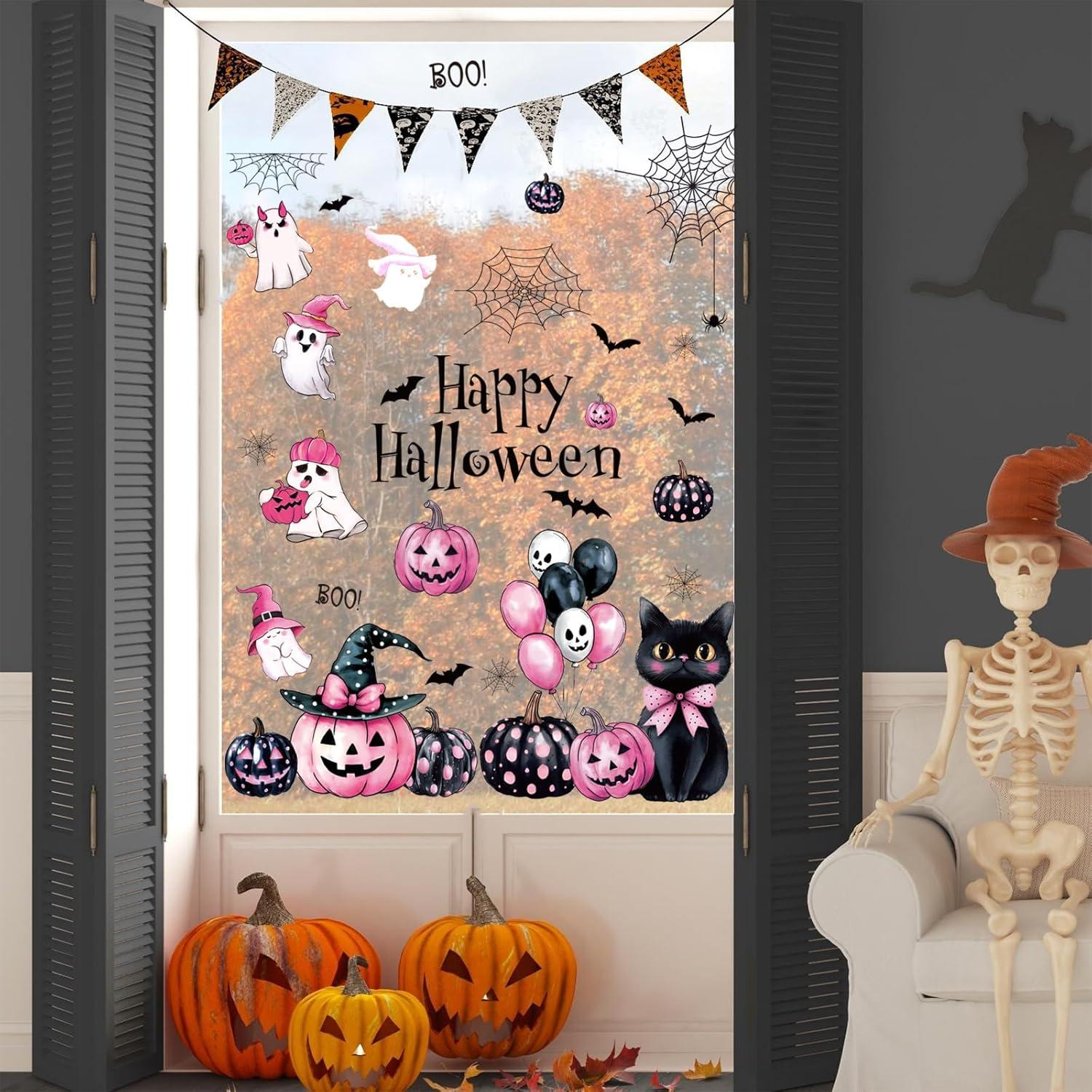 imageWhaline 6 Sheet Halloween Window Clings Black Orange Evil Scarecrow Pumpkin Truck Reusable Window Decals for Home Office School Glass DecorPink Halloween