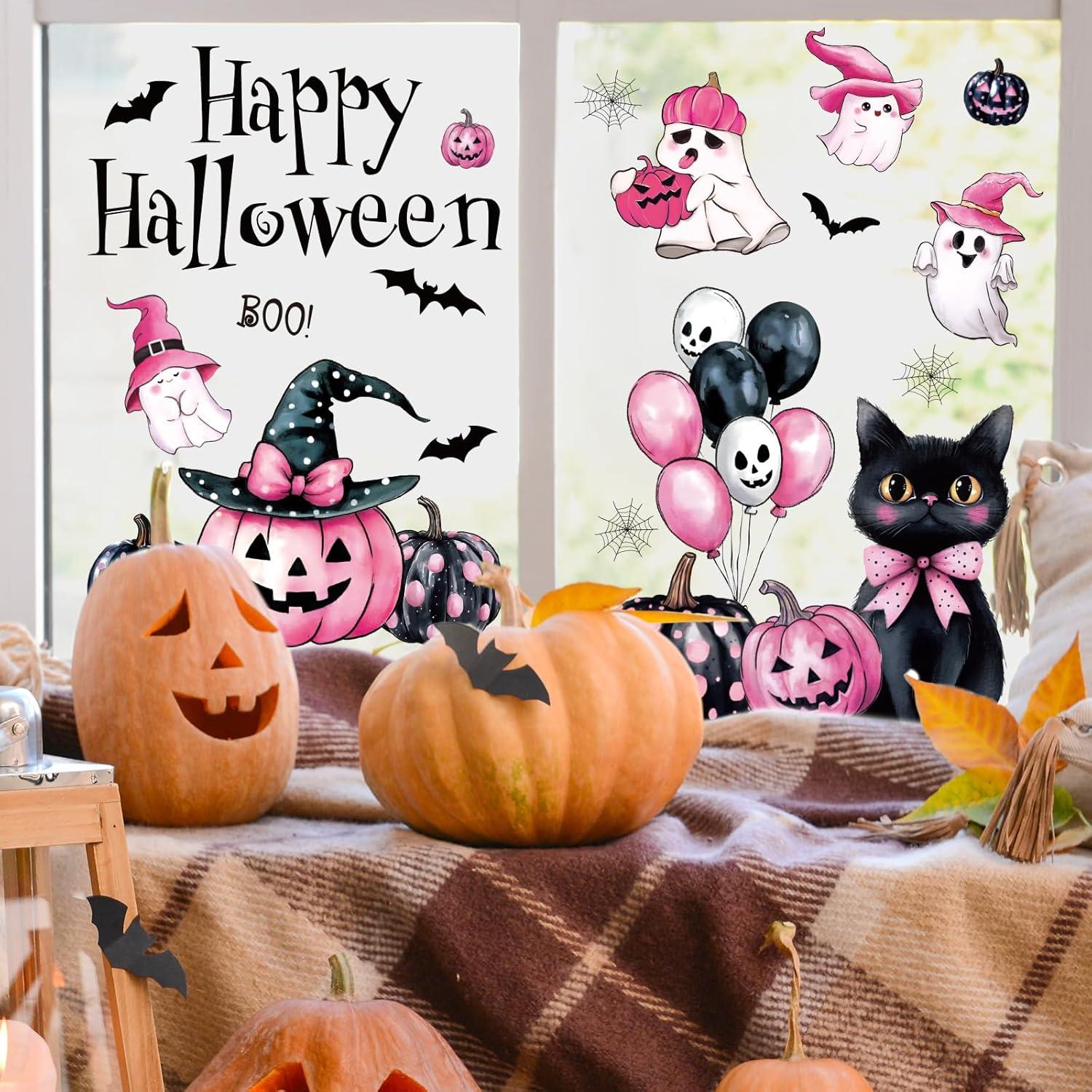 imageWhaline 6 Sheet Halloween Window Clings Black Orange Evil Scarecrow Pumpkin Truck Reusable Window Decals for Home Office School Glass DecorPink Halloween