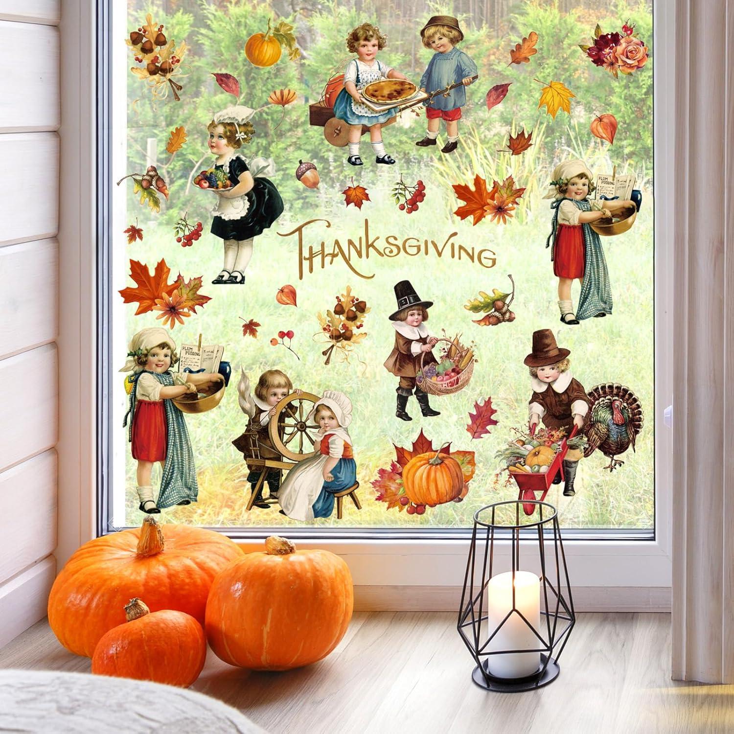 imageWhaline 6 Sheet Halloween Window Clings Black Orange Evil Scarecrow Pumpkin Truck Reusable Window Decals for Home Office School Glass DecorThanksgiving