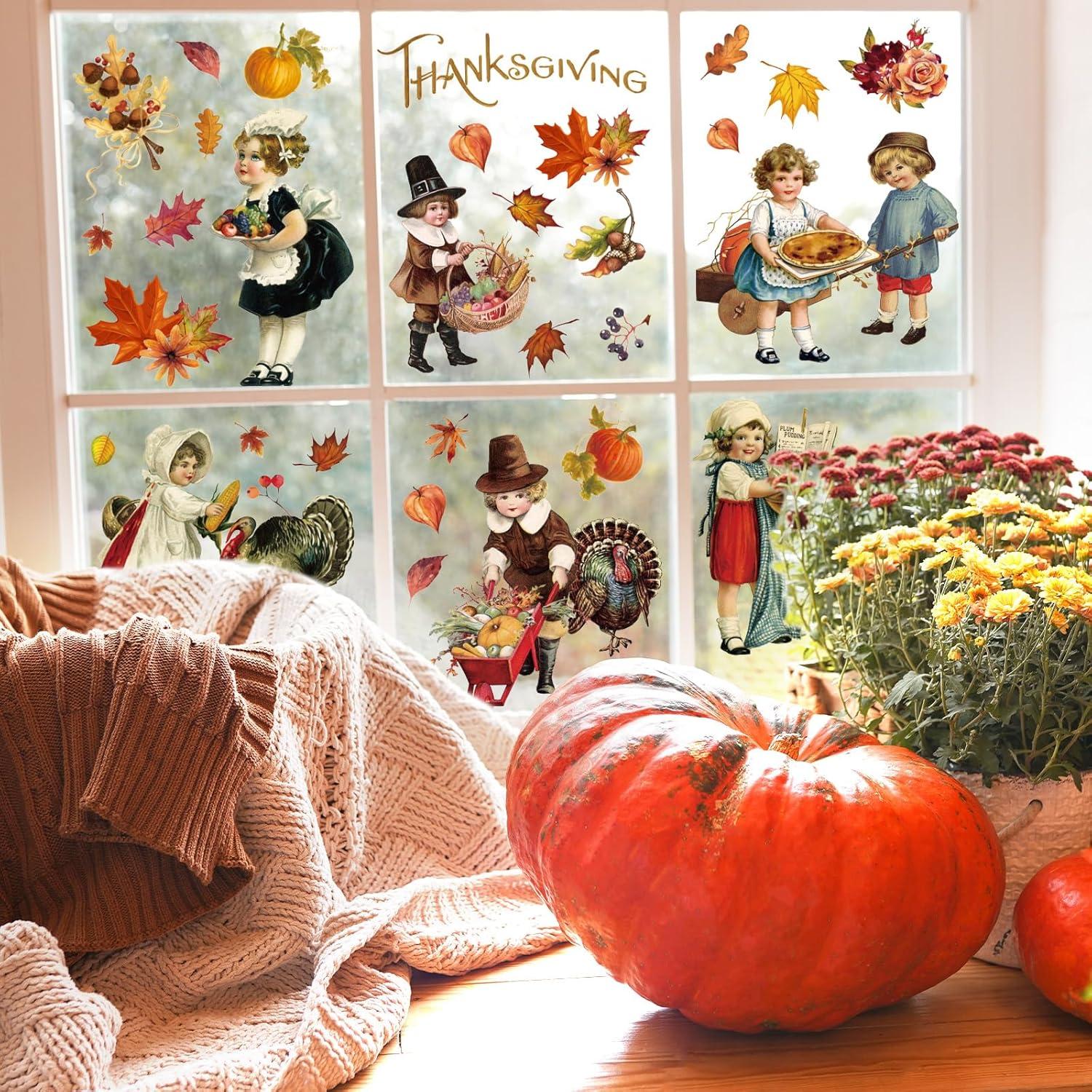 imageWhaline 6 Sheet Halloween Window Clings Black Orange Evil Scarecrow Pumpkin Truck Reusable Window Decals for Home Office School Glass DecorThanksgiving