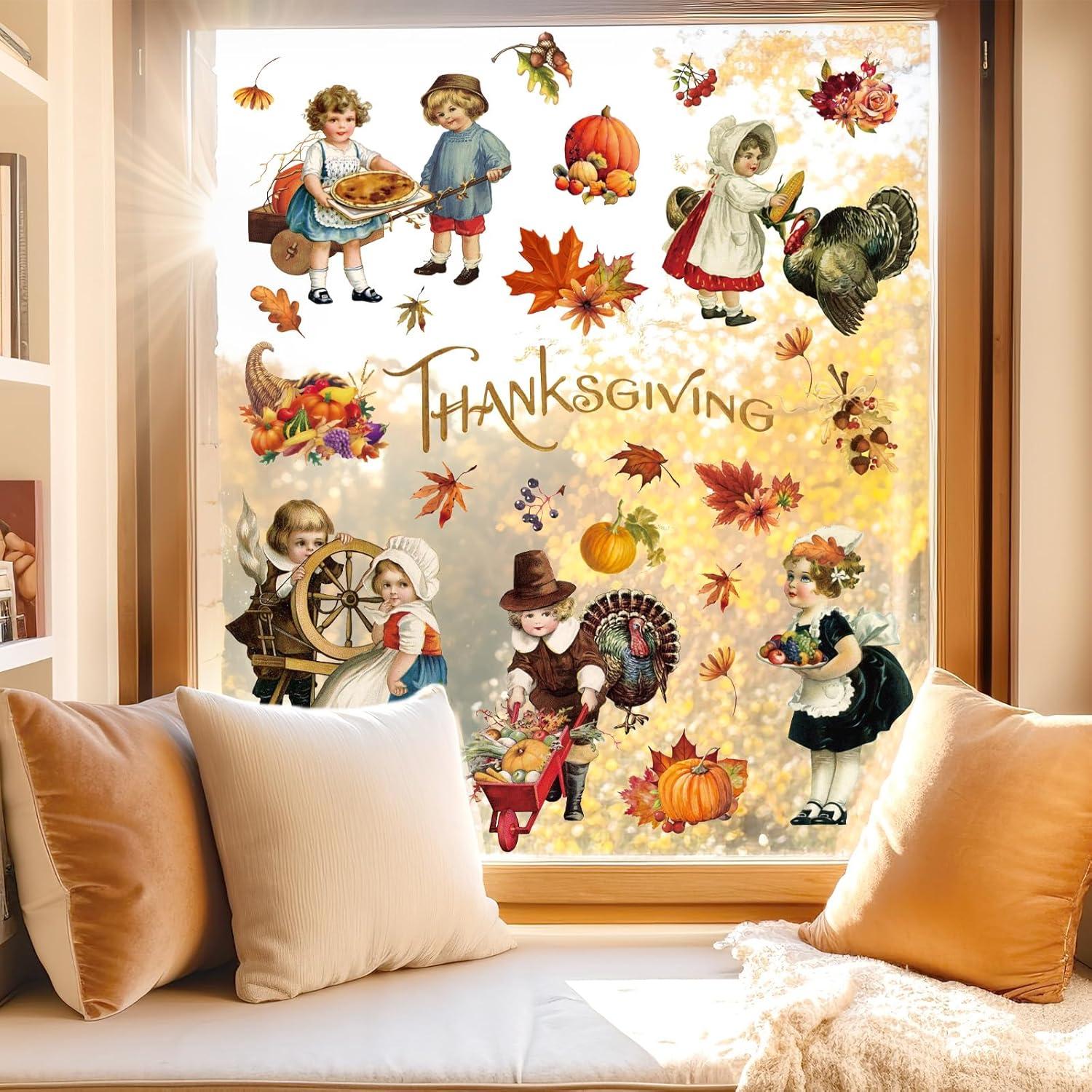 imageWhaline 6 Sheet Halloween Window Clings Black Orange Evil Scarecrow Pumpkin Truck Reusable Window Decals for Home Office School Glass DecorThanksgiving