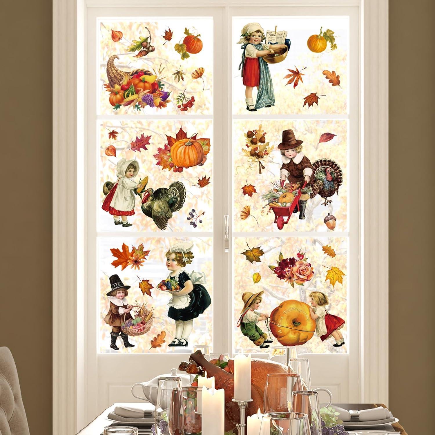 imageWhaline 6 Sheet Halloween Window Clings Black Orange Evil Scarecrow Pumpkin Truck Reusable Window Decals for Home Office School Glass DecorThanksgiving