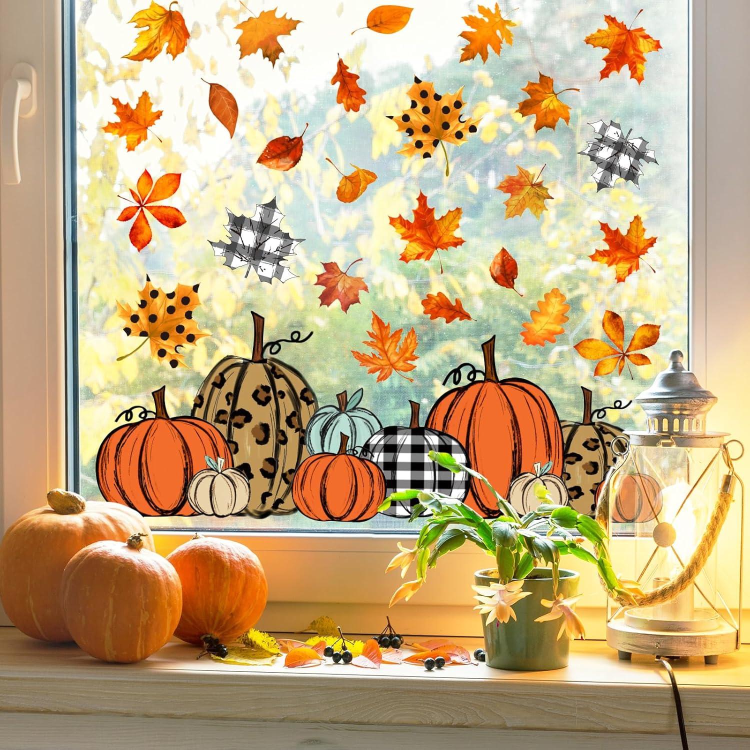 imageWhaline 6 Sheet Halloween Window Clings Black Orange Pumpkin Bat Reusable Window Decals for Haunted Party House Office School Home Glass DecorFall