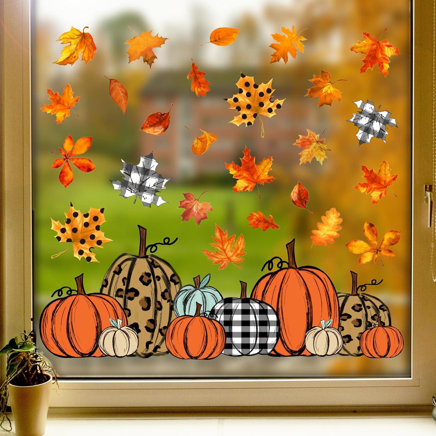 imageWhaline 6 Sheet Halloween Window Clings Black Orange Pumpkin Bat Reusable Window Decals for Haunted Party House Office School Home Glass DecorFall