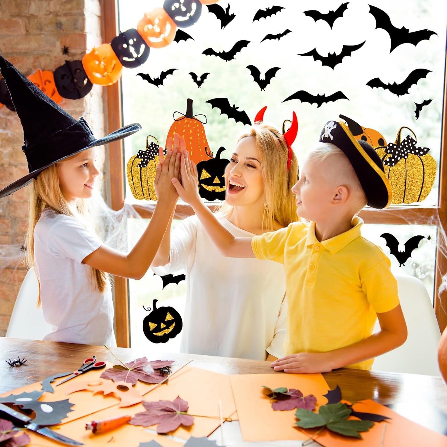 imageWhaline 6 Sheet Halloween Window Clings Black Orange Pumpkin Bat Reusable Window Decals for Haunted Party House Office School Home Glass DecorHalloween