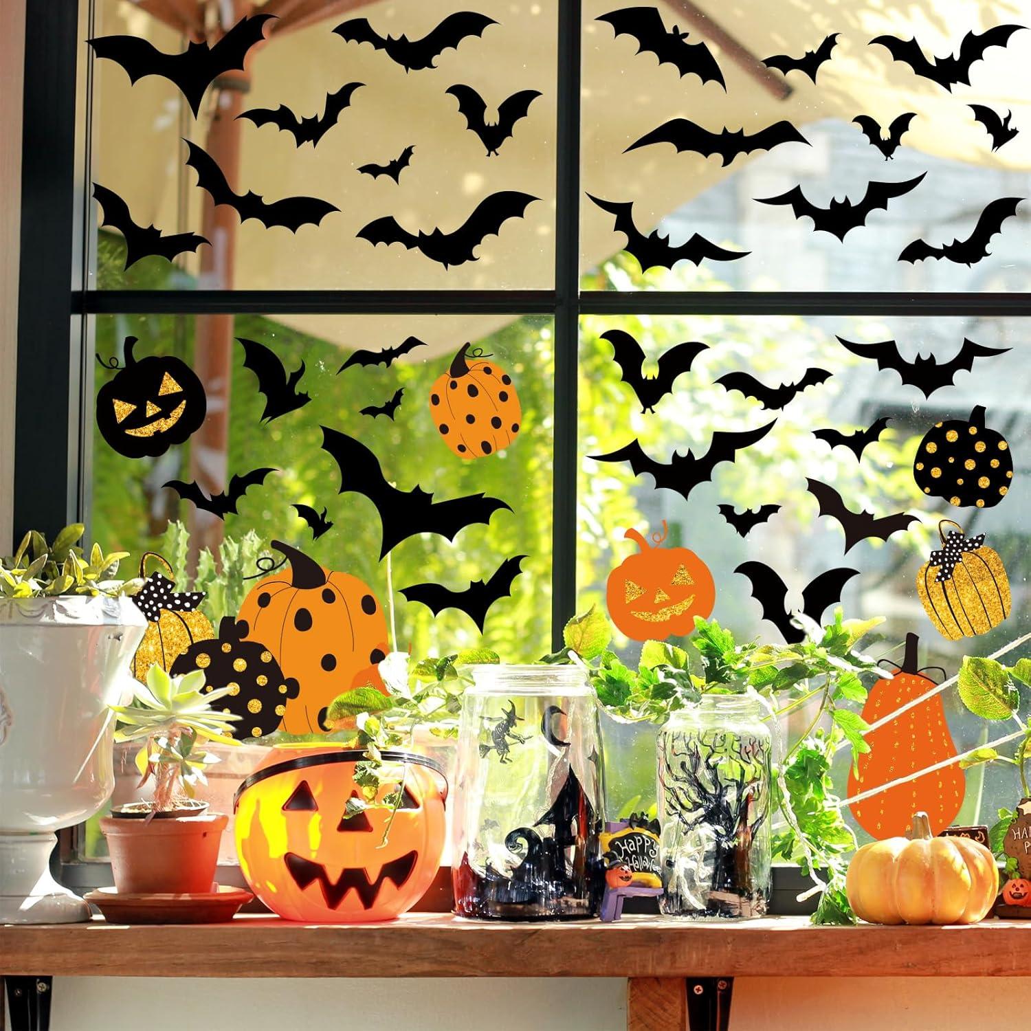 imageWhaline 6 Sheet Halloween Window Clings Black Orange Pumpkin Bat Reusable Window Decals for Haunted Party House Office School Home Glass DecorHalloween