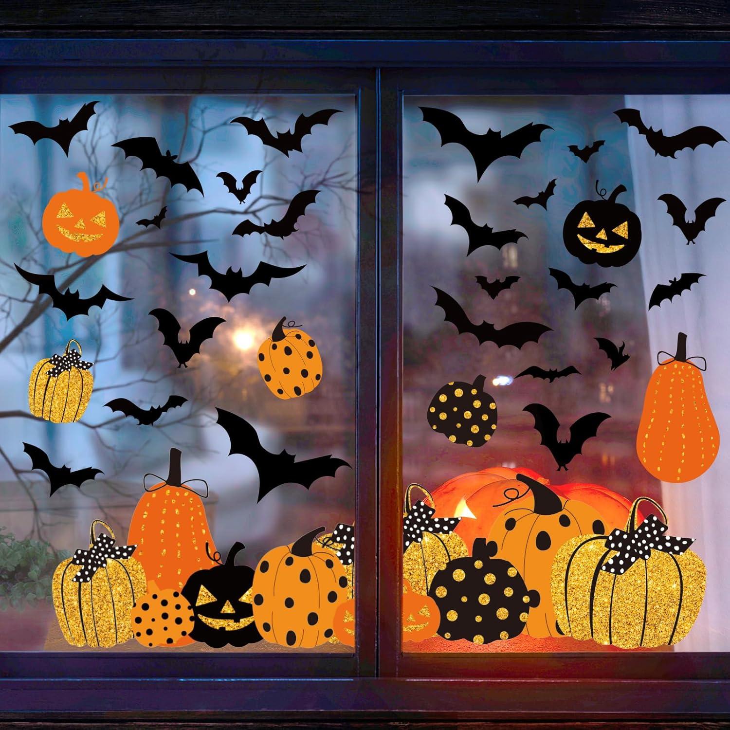imageWhaline 6 Sheet Halloween Window Clings Black Orange Pumpkin Bat Reusable Window Decals for Haunted Party House Office School Home Glass DecorHalloween