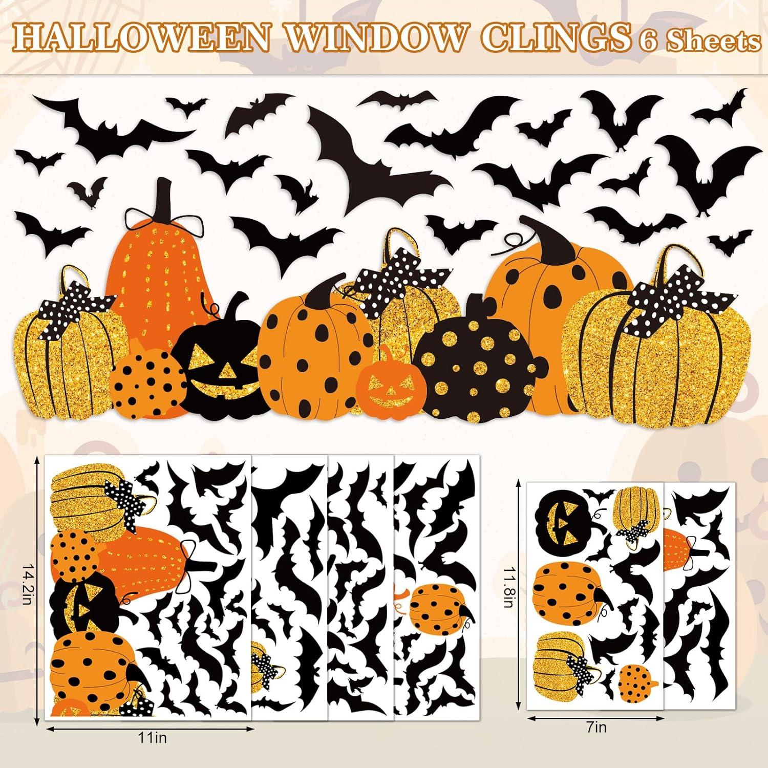 imageWhaline 6 Sheet Halloween Window Clings Black Orange Pumpkin Bat Reusable Window Decals for Haunted Party House Office School Home Glass DecorHalloween