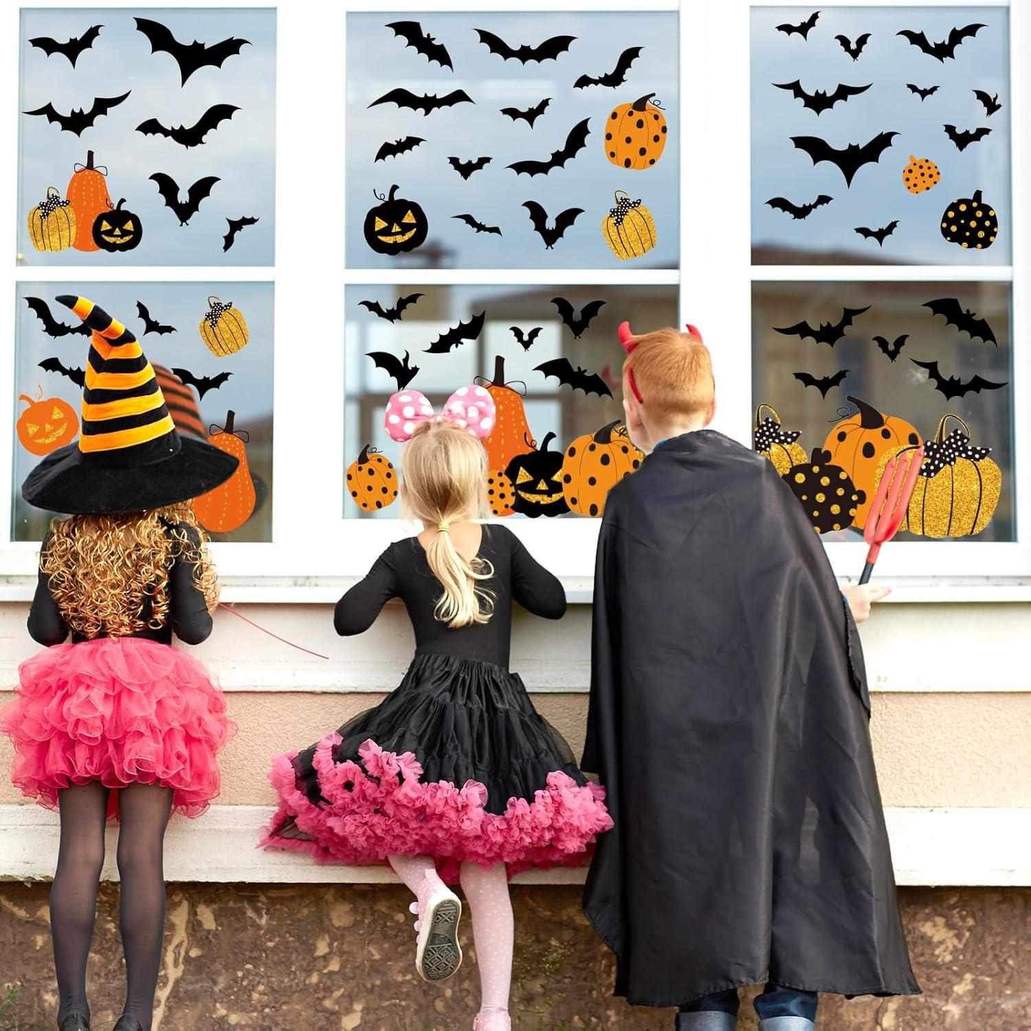 imageWhaline 6 Sheet Halloween Window Clings Black Orange Pumpkin Bat Reusable Window Decals for Haunted Party House Office School Home Glass DecorHalloween