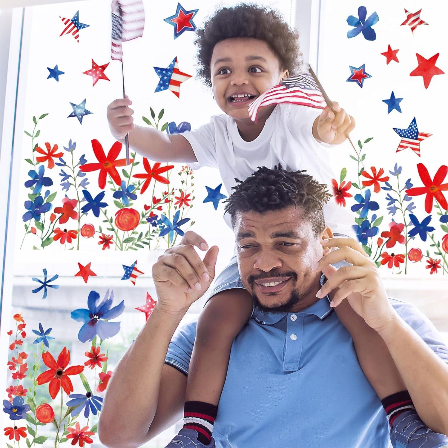 imageWhaline 6 Sheets Fall Floral Window Clings Watercolor Maple Leaves Sunflowers Window Decals DoubleSided Reusable Windows Stickers for Autumn Harvest Home School Office Thanksgiving Party SuppliesPatriotic