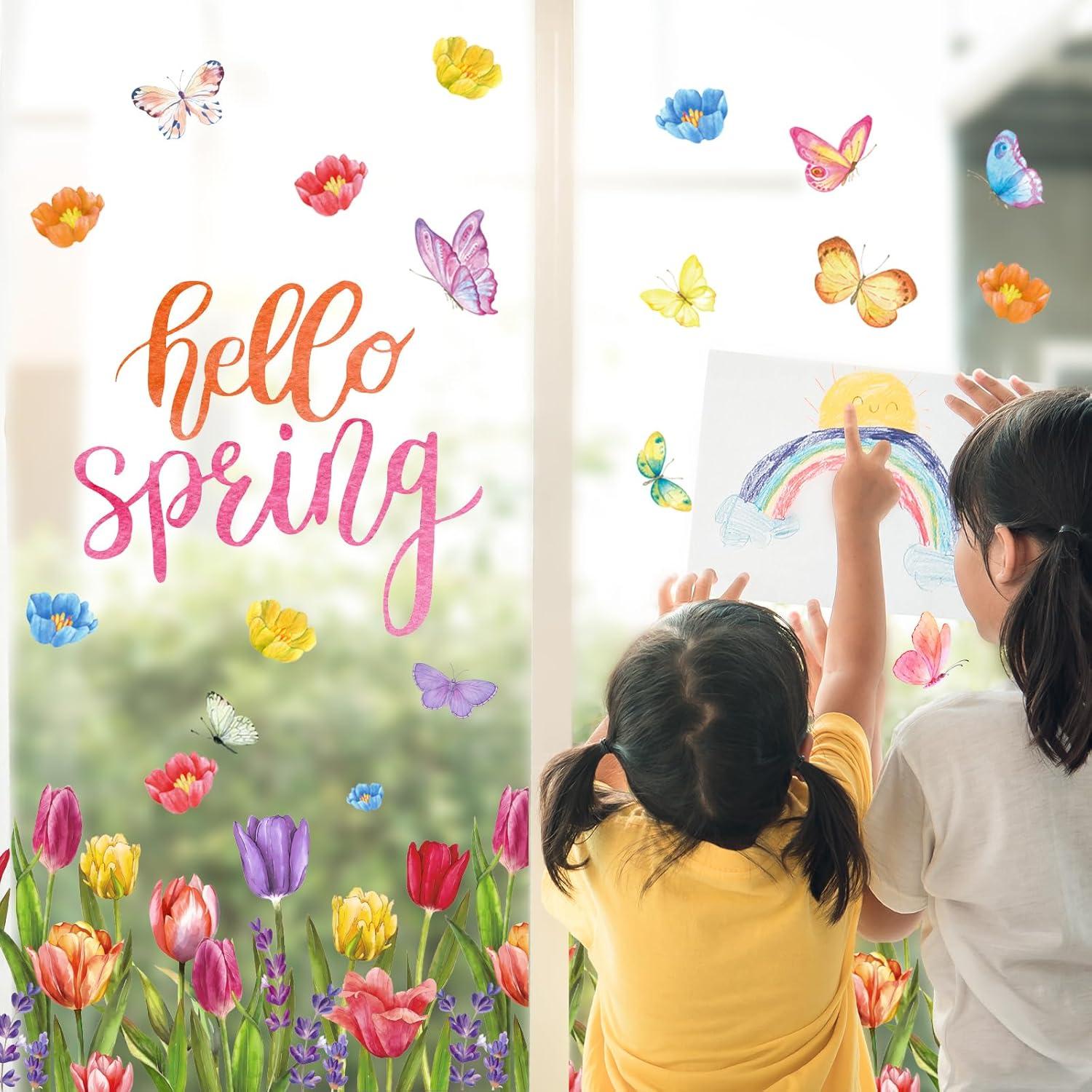 imageWhaline 6 Sheets Fall Floral Window Clings Watercolor Maple Leaves Sunflowers Window Decals DoubleSided Reusable Windows Stickers for Autumn Harvest Home School Office Thanksgiving Party SuppliesSpring Tulip