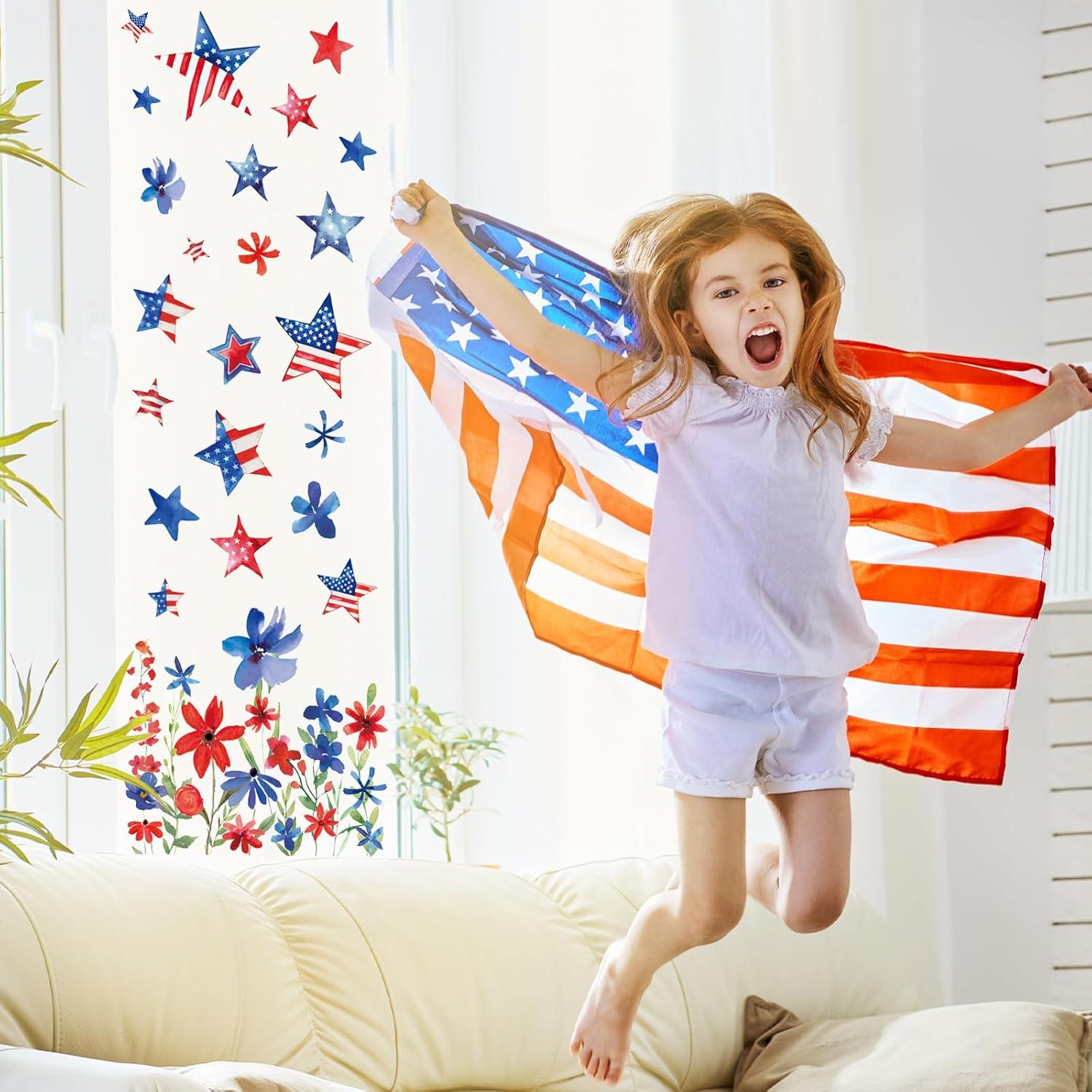 imageWhaline 6 Sheets Fall Floral Window Clings Watercolor Maple Leaves Sunflowers Window Decals DoubleSided Reusable Windows Stickers for Autumn Harvest Home School Office Thanksgiving Party SuppliesPatriotic