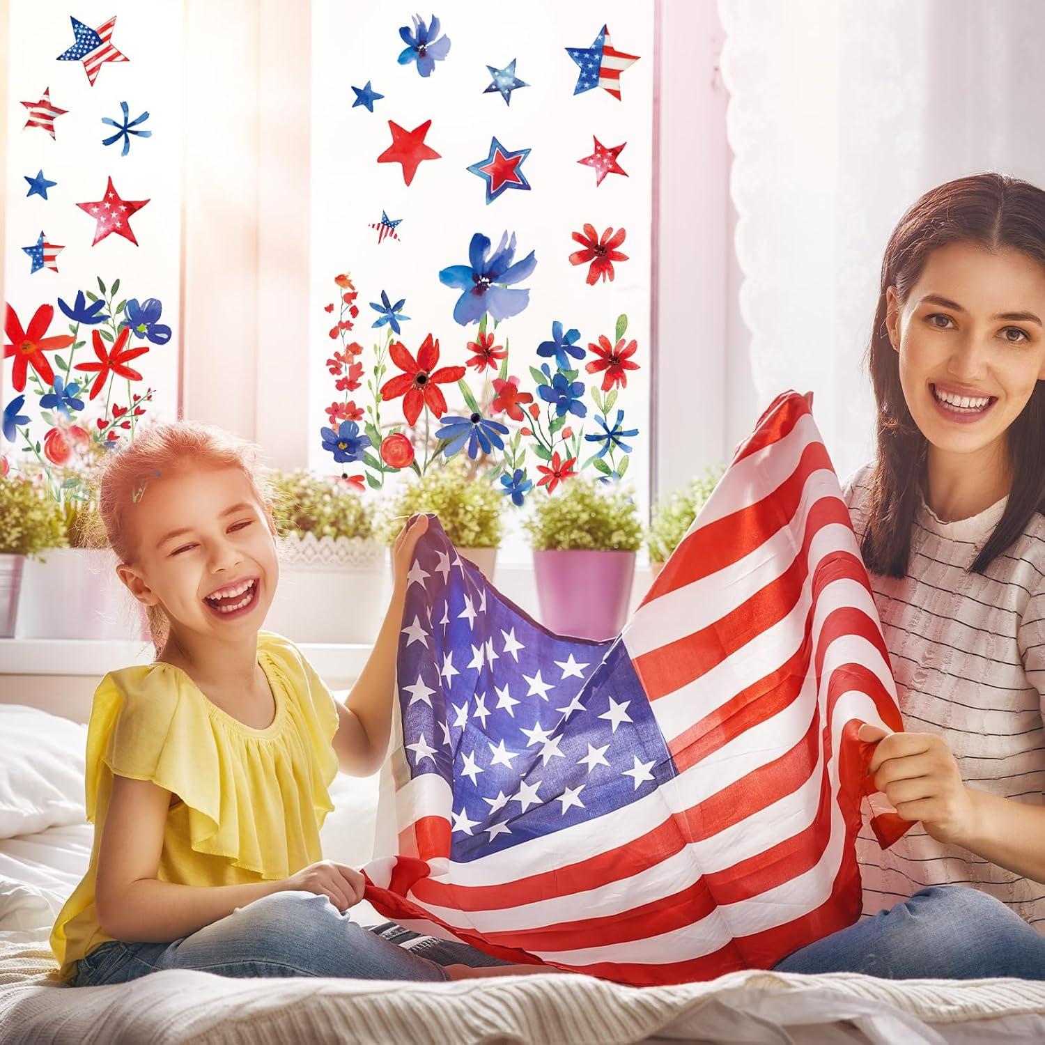 imageWhaline 6 Sheets Fall Floral Window Clings Watercolor Maple Leaves Sunflowers Window Decals DoubleSided Reusable Windows Stickers for Autumn Harvest Home School Office Thanksgiving Party SuppliesPatriotic