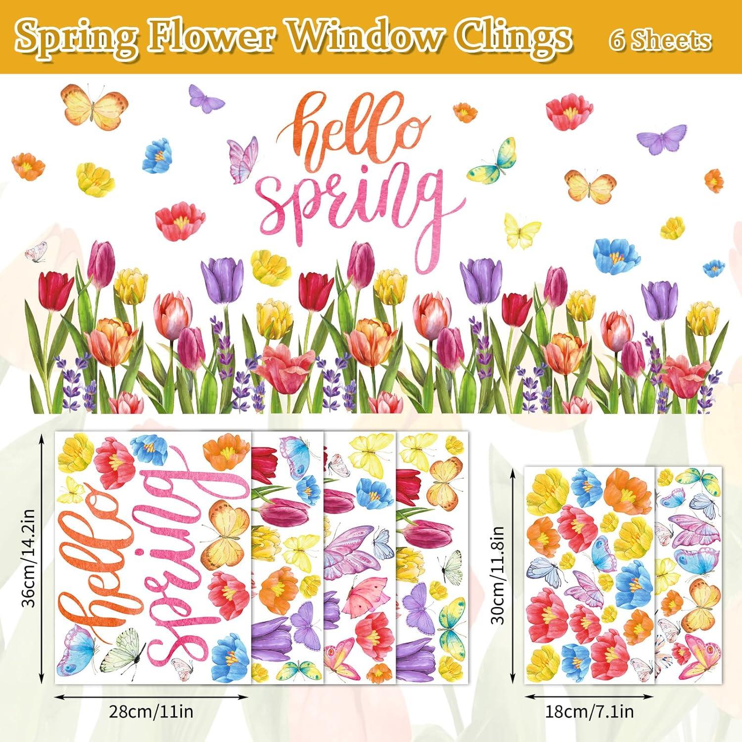 imageWhaline 6 Sheets Fall Floral Window Clings Watercolor Maple Leaves Sunflowers Window Decals DoubleSided Reusable Windows Stickers for Autumn Harvest Home School Office Thanksgiving Party SuppliesSpring Tulip