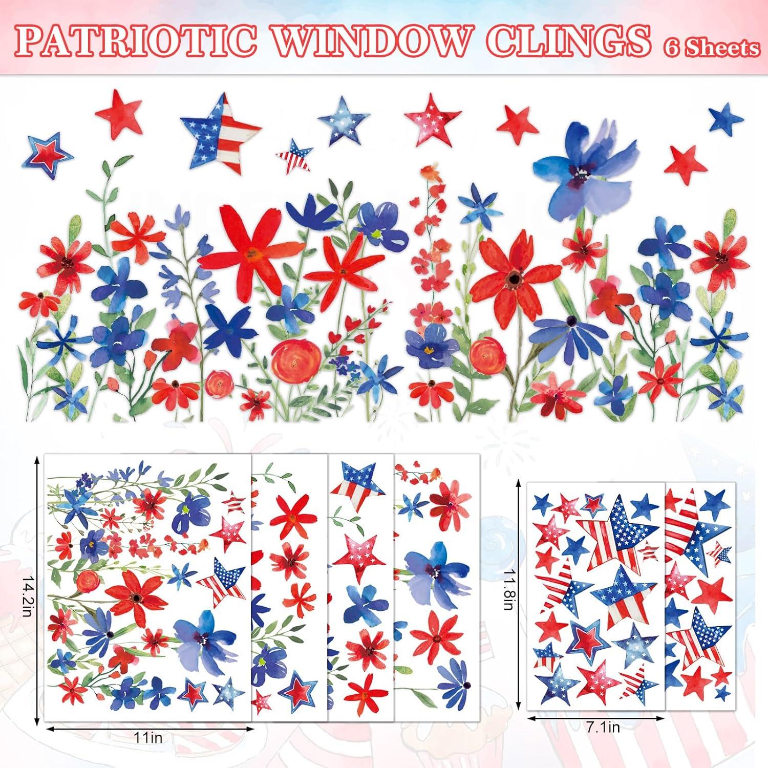 imageWhaline 6 Sheets Fall Floral Window Clings Watercolor Maple Leaves Sunflowers Window Decals DoubleSided Reusable Windows Stickers for Autumn Harvest Home School Office Thanksgiving Party SuppliesPatriotic