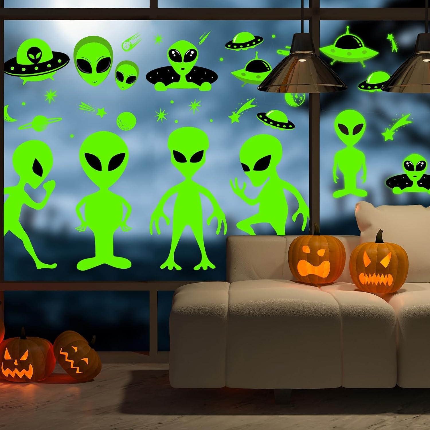 imageWhaline 6 Sheets Halloween Alien Window Clings Large Size Green Alien Flying Saucer UFO Theme Window Decals DoubleSided Removable for Halloween Decor Party SuppliesLarge Alien