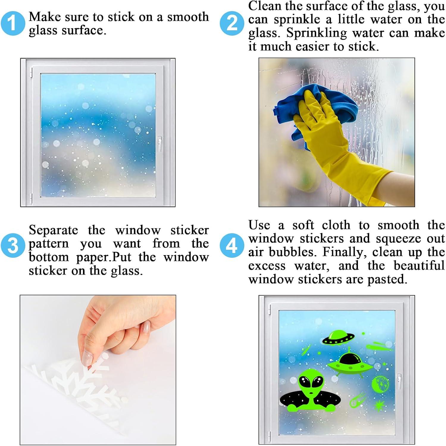 imageWhaline 6 Sheets Halloween Alien Window Clings Large Size Green Alien Flying Saucer UFO Theme Window Decals DoubleSided Removable for Halloween Decor Party SuppliesLarge Alien