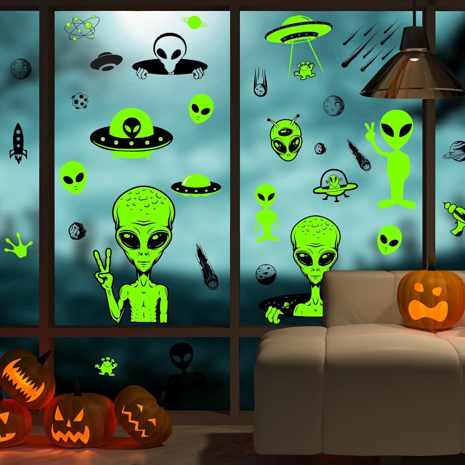 imageWhaline 6 Sheets Halloween Alien Window Clings Large Size Green Alien Flying Saucer UFO Theme Window Decals DoubleSided Removable for Halloween Decor Party SuppliesCute Alien