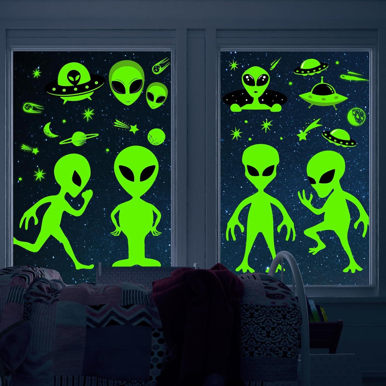 imageWhaline 6 Sheets Halloween Alien Window Clings Large Size Green Alien Flying Saucer UFO Theme Window Decals DoubleSided Removable for Halloween Decor Party SuppliesLarge Alien