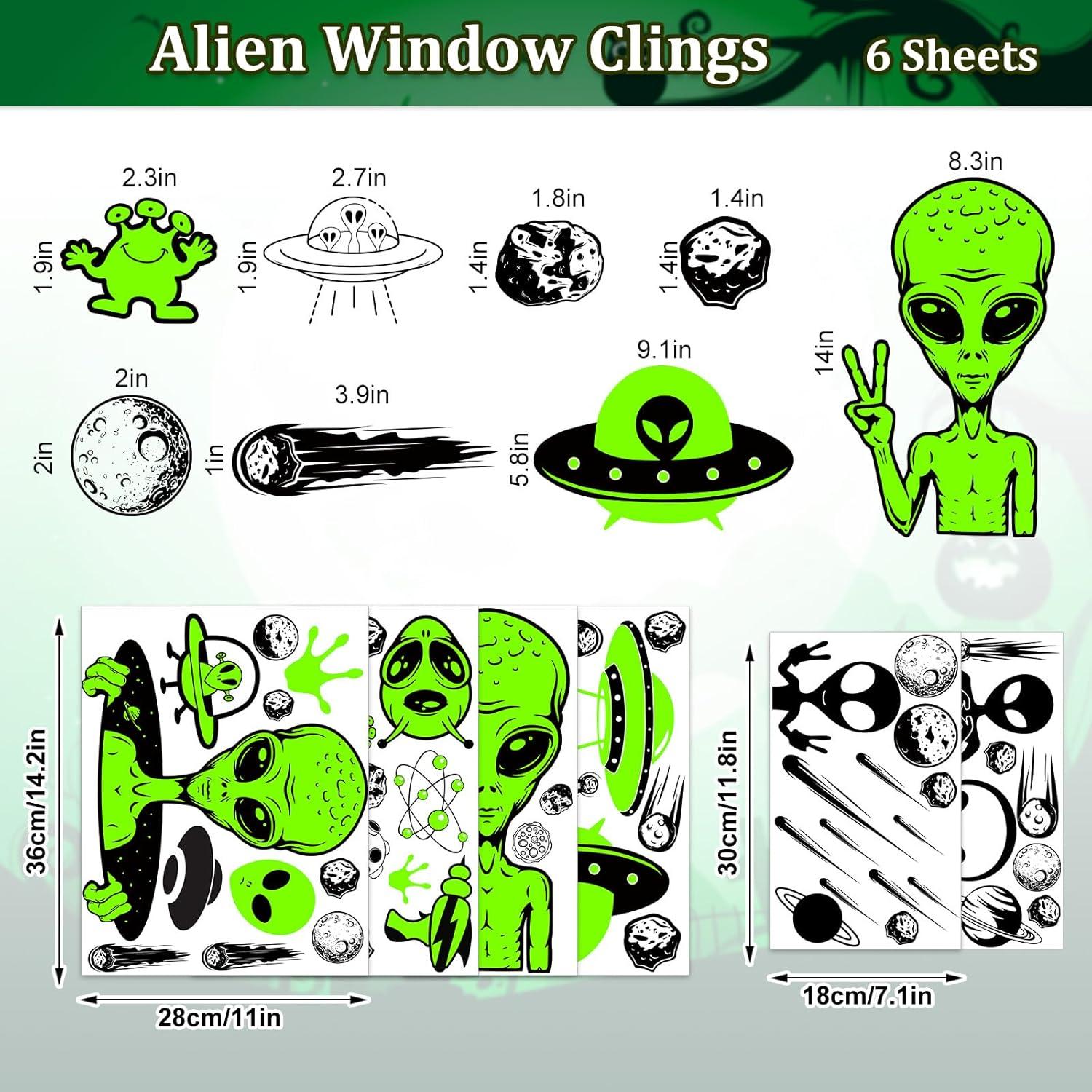 imageWhaline 6 Sheets Halloween Alien Window Clings Large Size Green Alien Flying Saucer UFO Theme Window Decals DoubleSided Removable for Halloween Decor Party SuppliesCute Alien