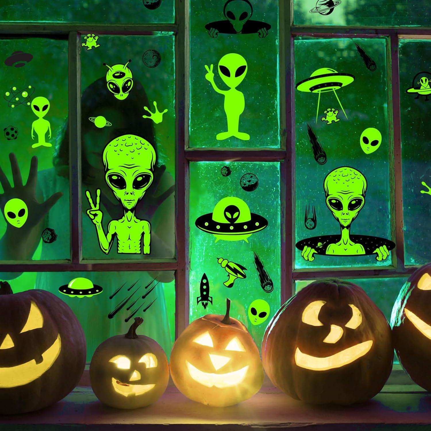 imageWhaline 6 Sheets Halloween Alien Window Clings Large Size Green Alien Flying Saucer UFO Theme Window Decals DoubleSided Removable for Halloween Decor Party SuppliesCute Alien