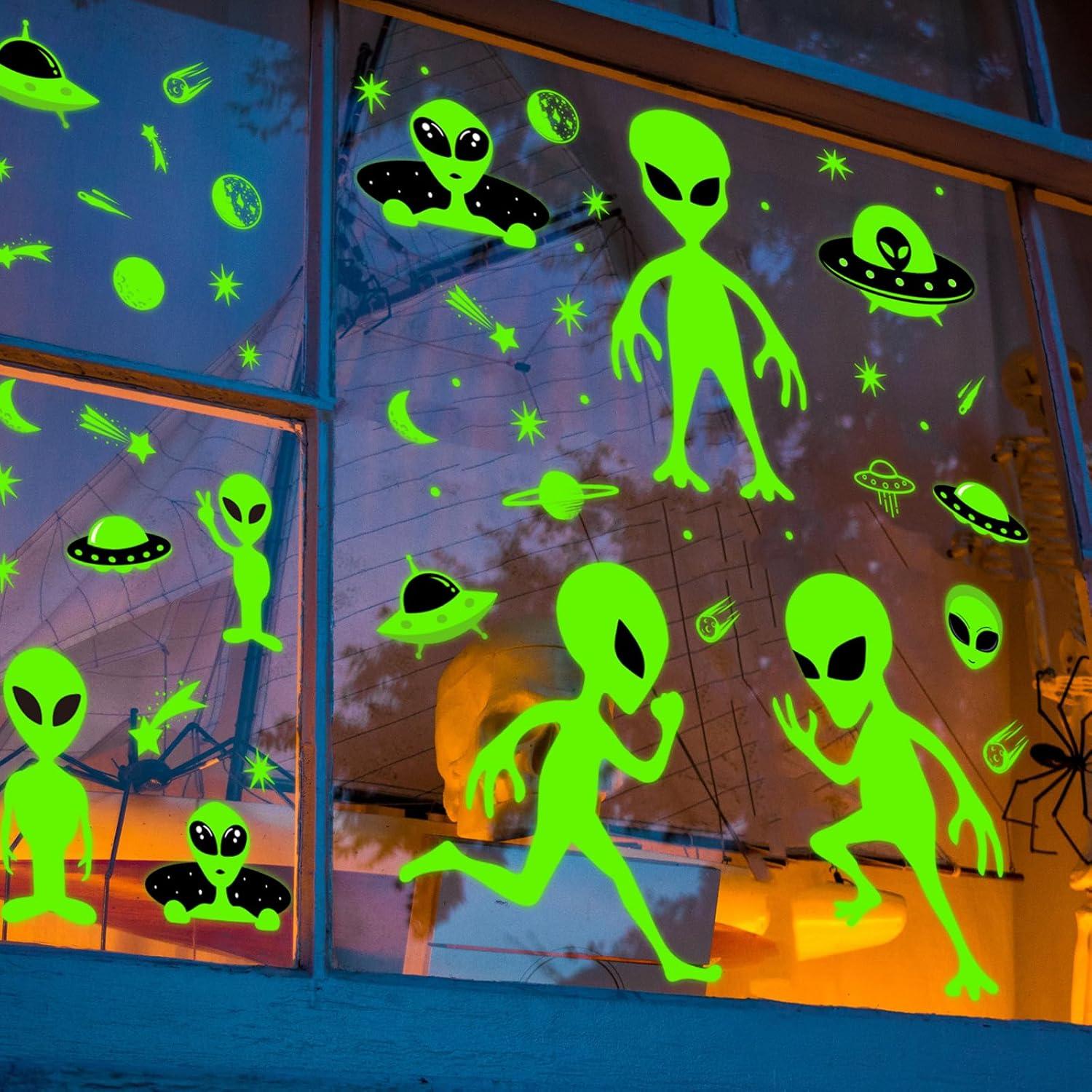 imageWhaline 6 Sheets Halloween Alien Window Clings Large Size Green Alien Flying Saucer UFO Theme Window Decals DoubleSided Removable for Halloween Decor Party SuppliesLarge Alien