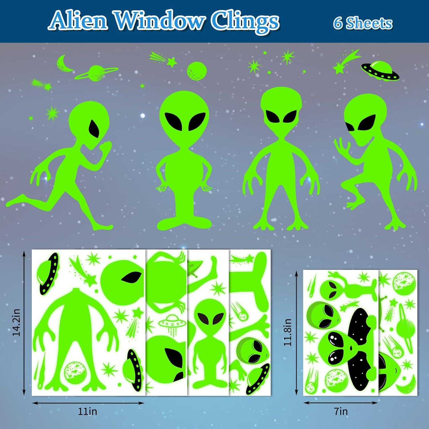 imageWhaline 6 Sheets Halloween Alien Window Clings Large Size Green Alien Flying Saucer UFO Theme Window Decals DoubleSided Removable for Halloween Decor Party SuppliesLarge Alien