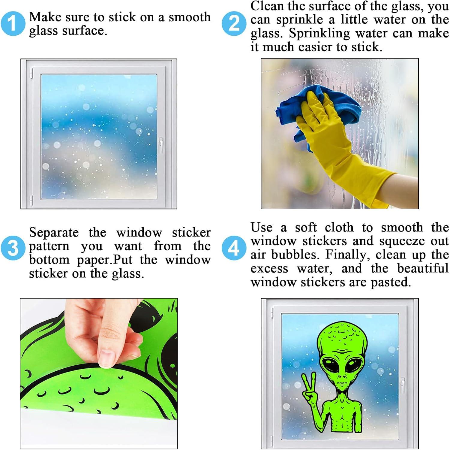 imageWhaline 6 Sheets Halloween Alien Window Clings Large Size Green Alien Flying Saucer UFO Theme Window Decals DoubleSided Removable for Halloween Decor Party SuppliesCute Alien