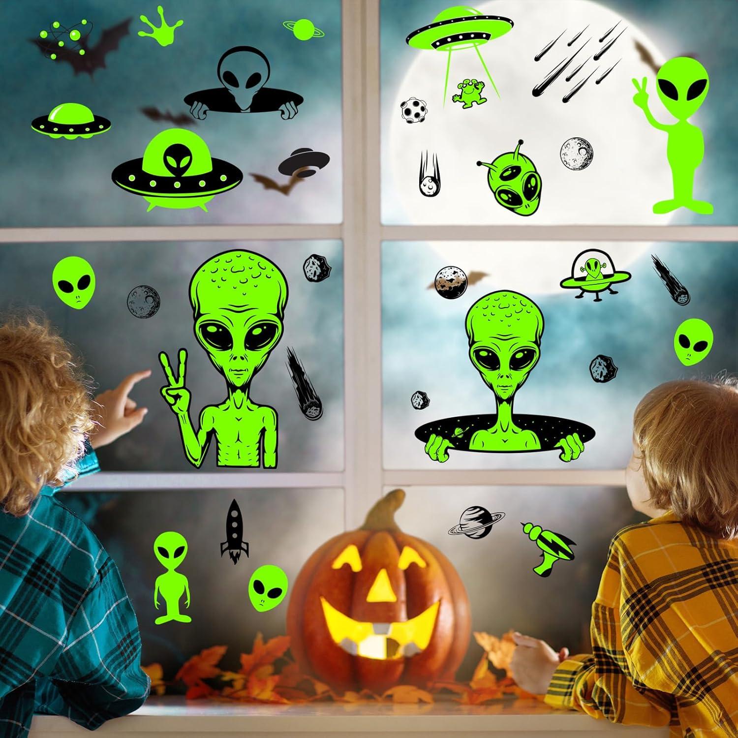 imageWhaline 6 Sheets Halloween Alien Window Clings Large Size Green Alien Flying Saucer UFO Theme Window Decals DoubleSided Removable for Halloween Decor Party SuppliesCute Alien