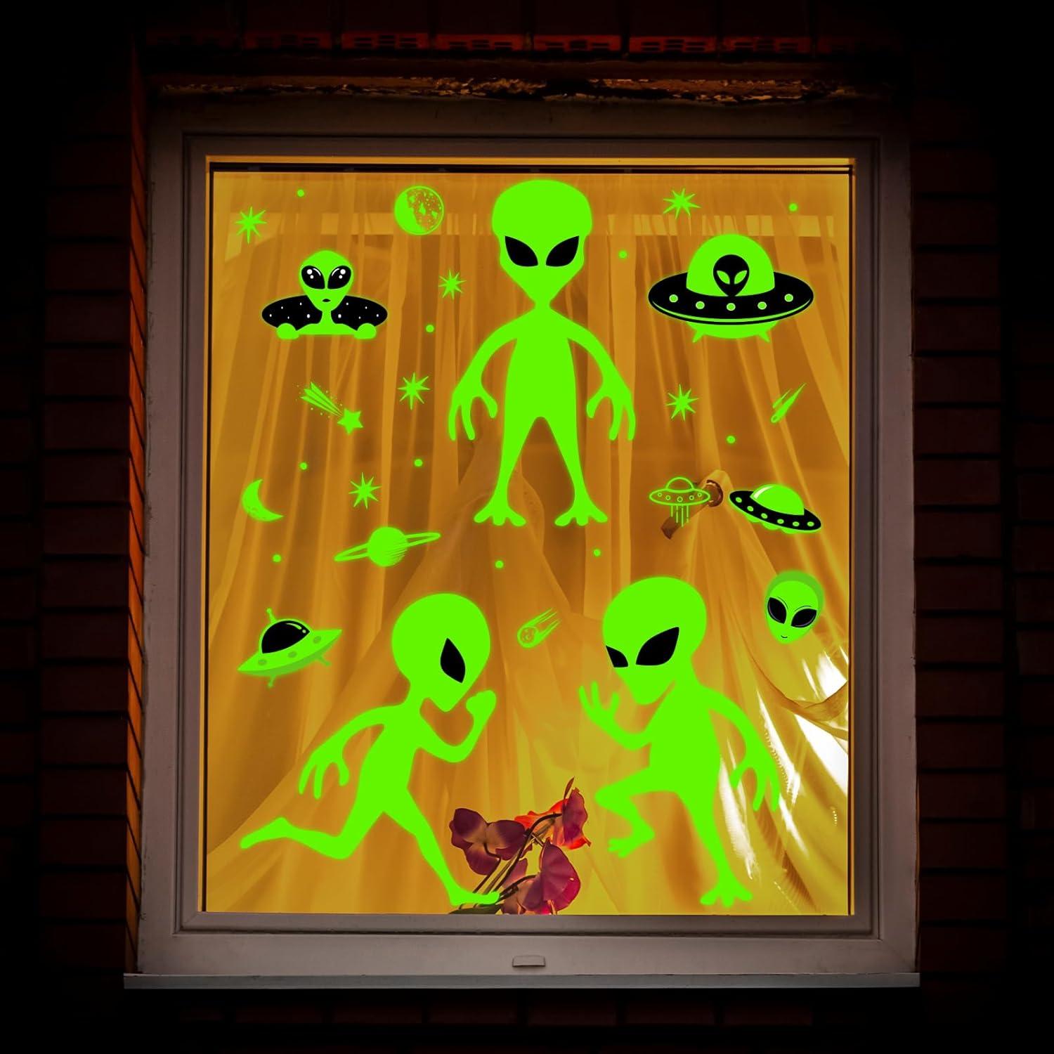imageWhaline 6 Sheets Halloween Alien Window Clings Large Size Green Alien Flying Saucer UFO Theme Window Decals DoubleSided Removable for Halloween Decor Party SuppliesLarge Alien