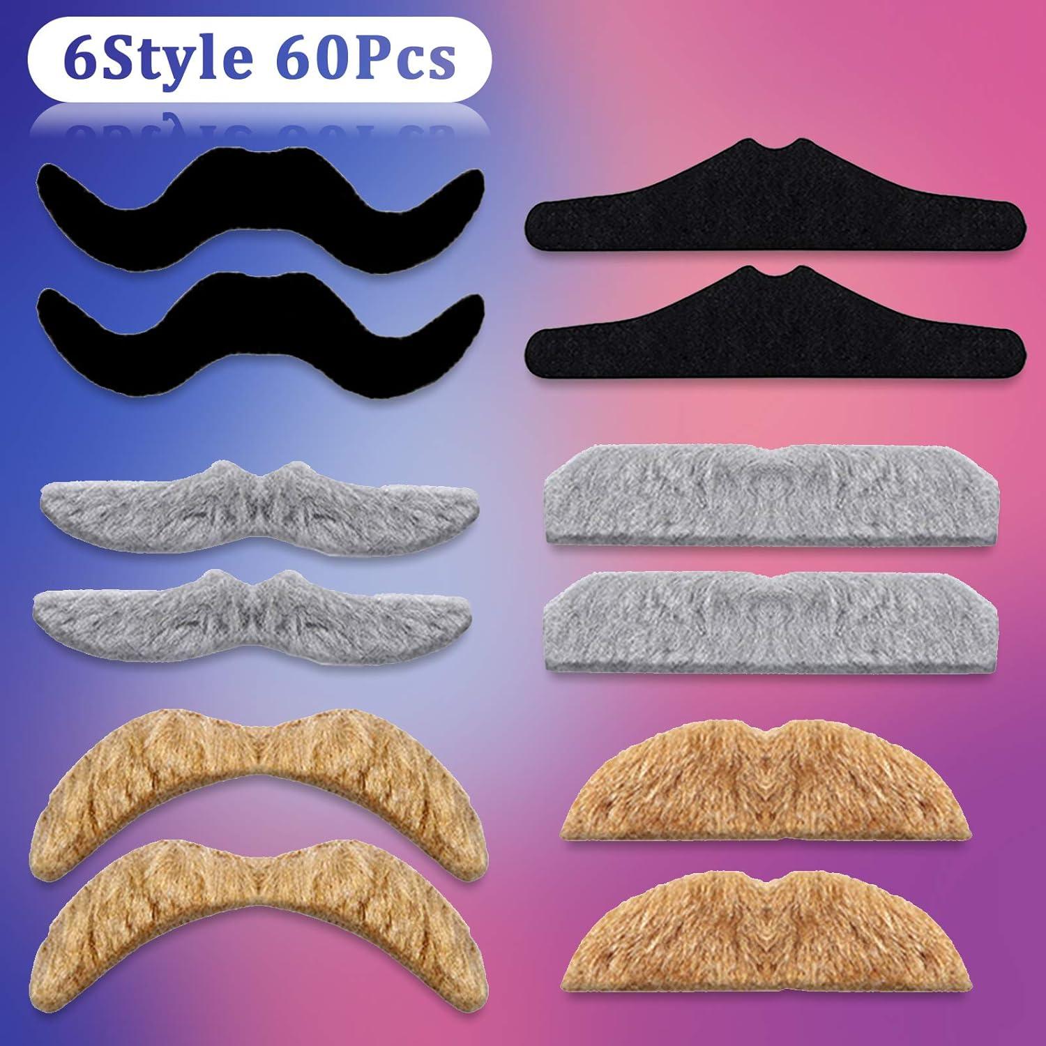 imageWhaline 60 Pieces Fake Mustache Self Adhesive Mustaches Halloween Costume Novelty Beard Realistic Stick for Party Supplies Birthday Party Costume Mexican Masquerade Performance 3 Color