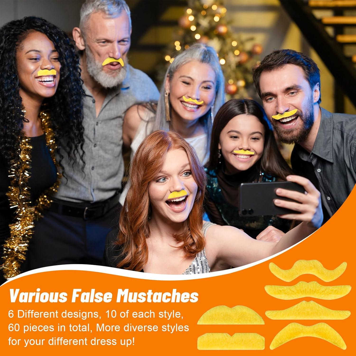 imageWhaline 60Pcs Fake Mustache Self Adhesive Mustaches Beard Realistic Stick for Halloween Costume Masquerade PerformanceYellow