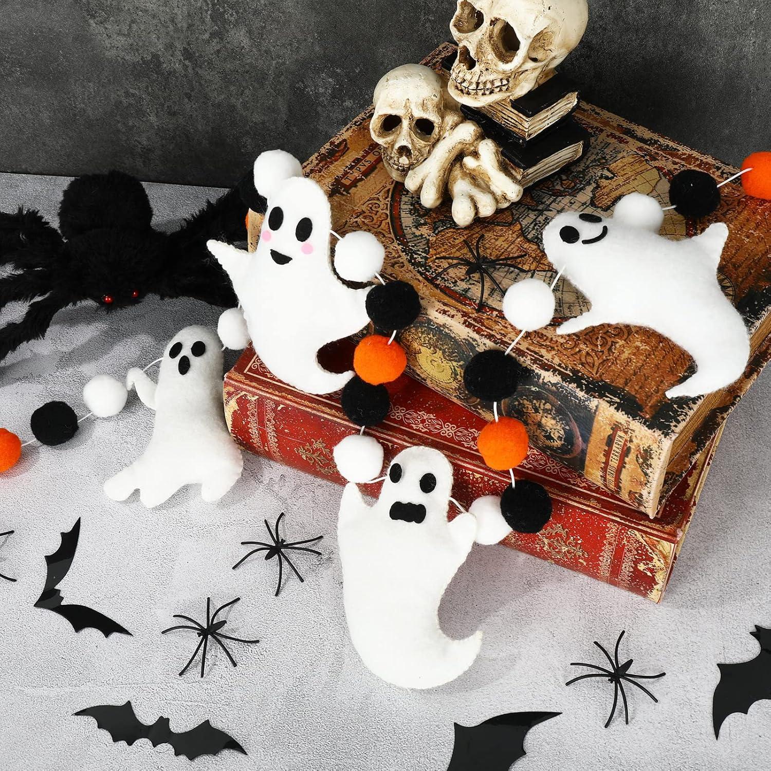 imageWhaline 66Ft Halloween Felt Banner Cute 3D Pink Ghost Hanging Garland Black Pink White Pom Ball Banner for Home Mantel Wall Window Decor Party SuppliesWhite