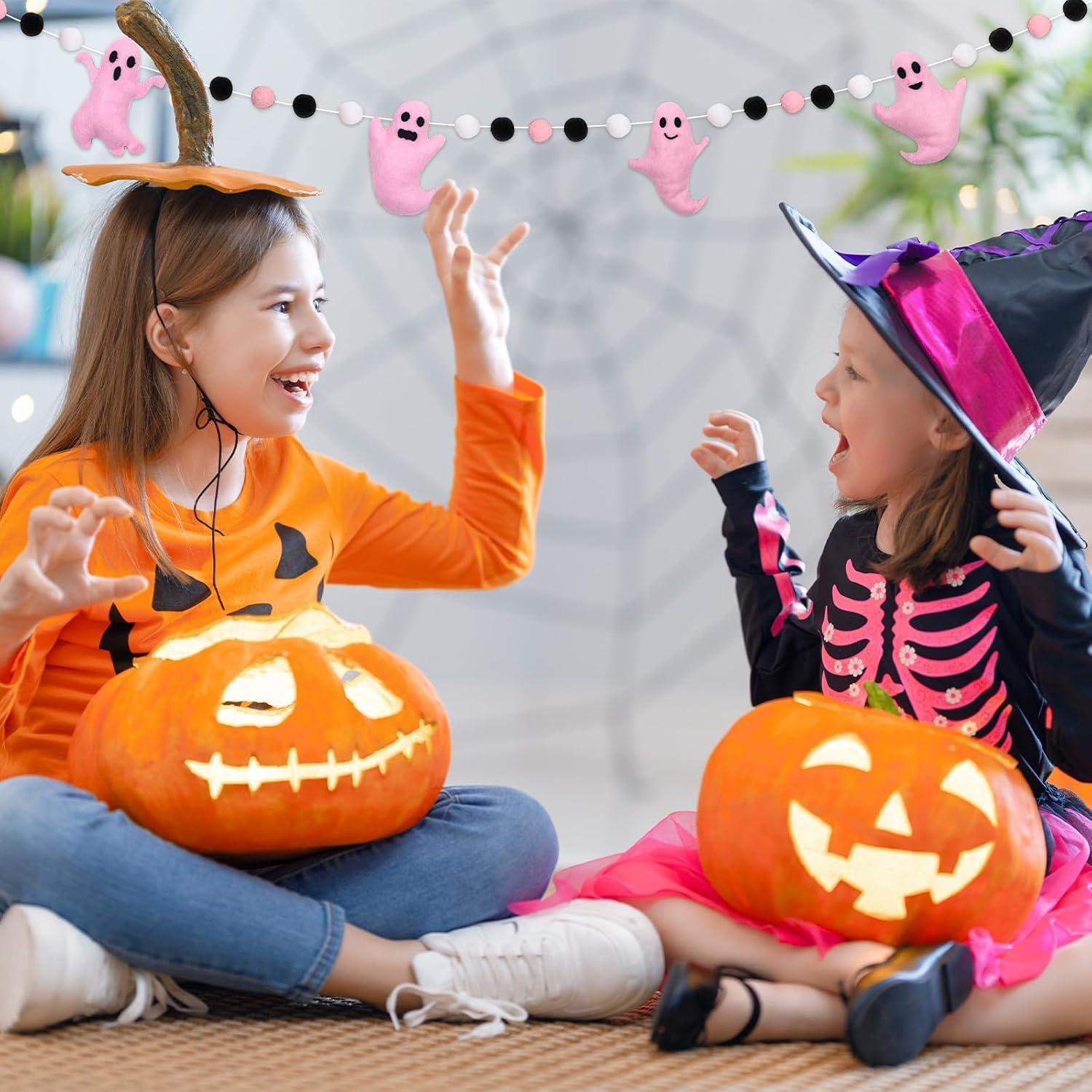 imageWhaline 66Ft Halloween Felt Banner Cute 3D Pink Ghost Hanging Garland Black Pink White Pom Ball Banner for Home Mantel Wall Window Decor Party SuppliesPink