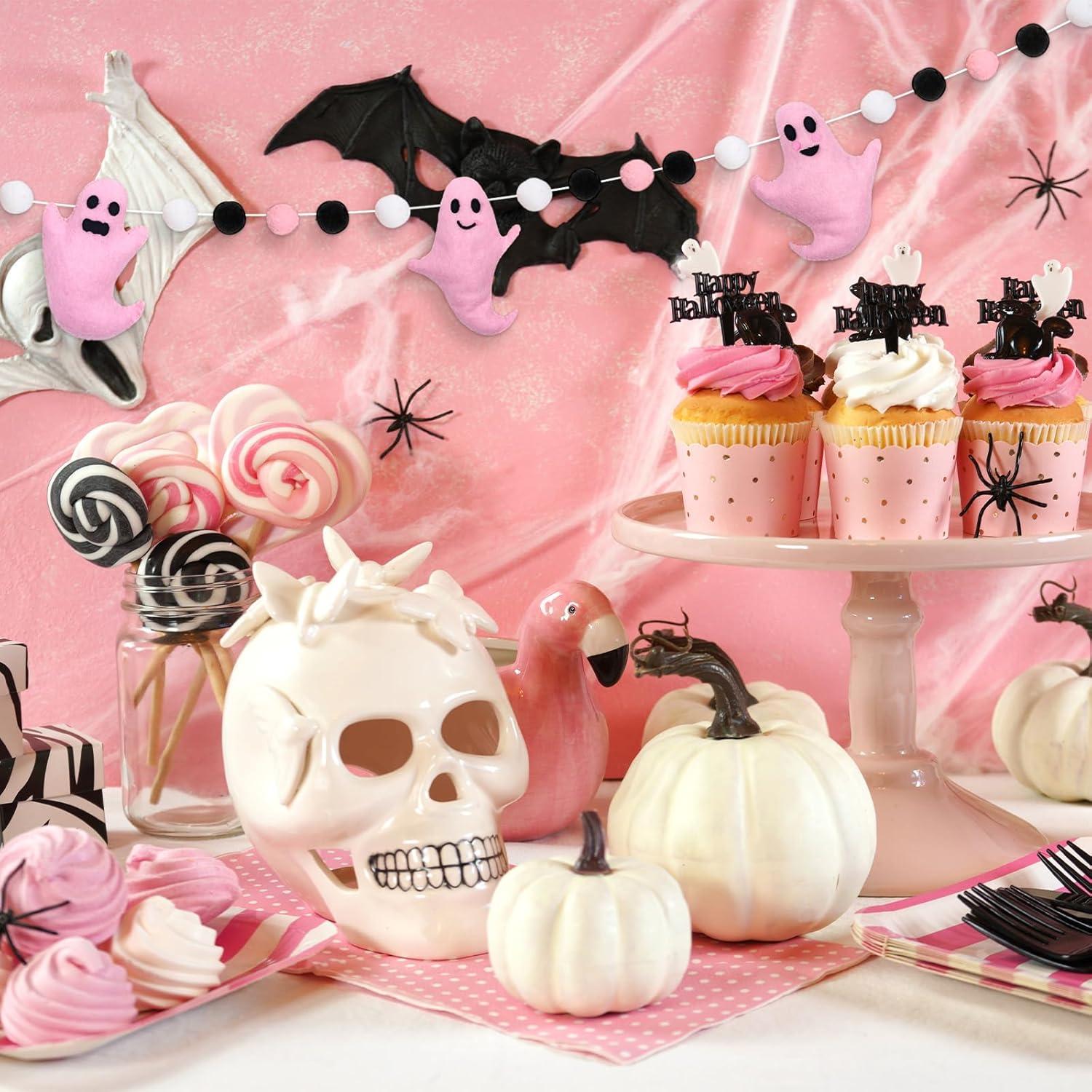imageWhaline 66Ft Halloween Felt Banner Cute 3D Pink Ghost Hanging Garland Black Pink White Pom Ball Banner for Home Mantel Wall Window Decor Party SuppliesPink