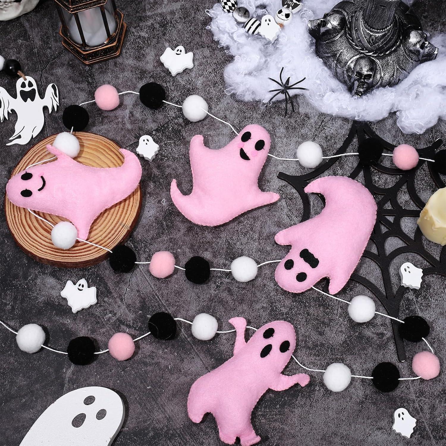 imageWhaline 66Ft Halloween Felt Banner Cute 3D Pink Ghost Hanging Garland Black Pink White Pom Ball Banner for Home Mantel Wall Window Decor Party SuppliesPink