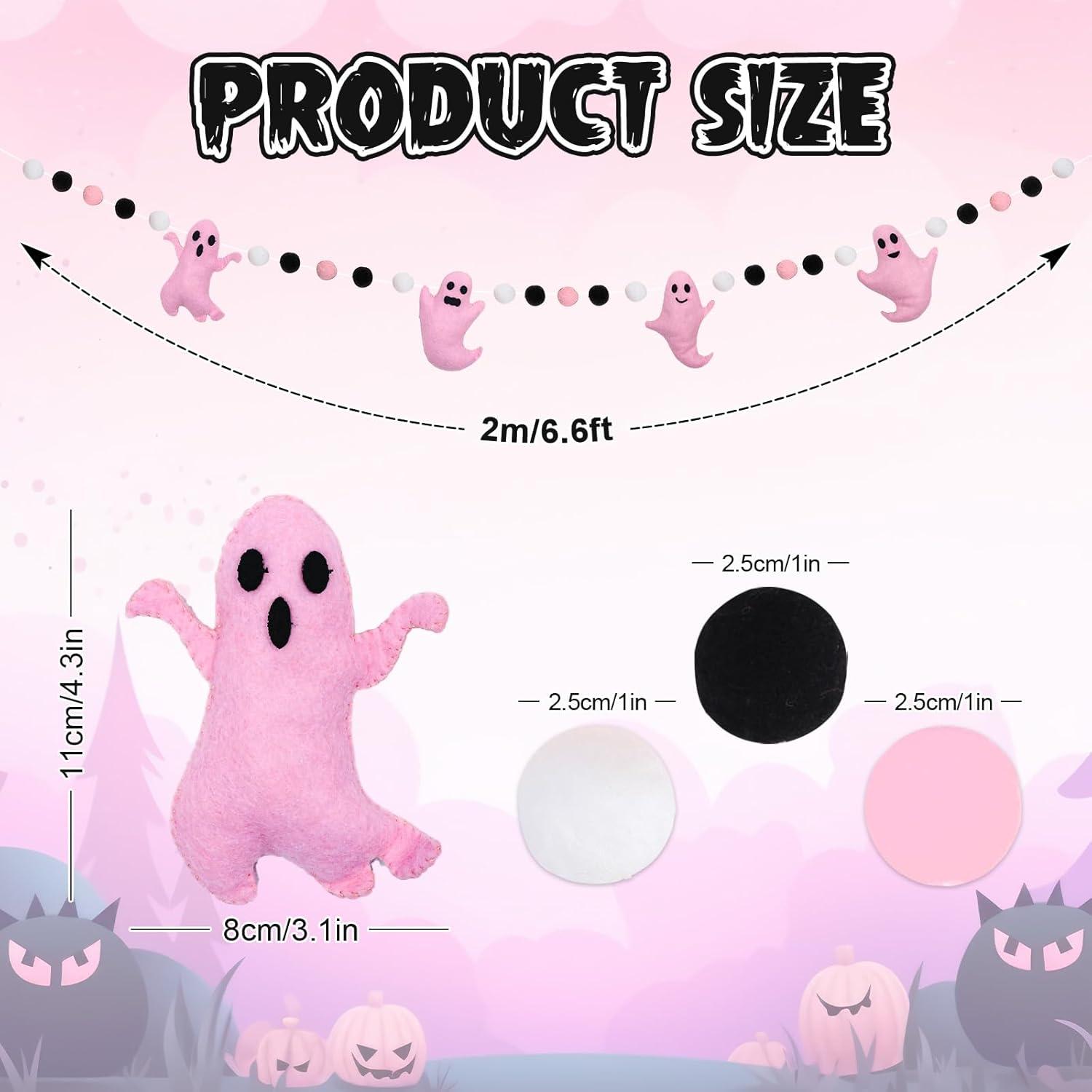 imageWhaline 66Ft Halloween Felt Banner Cute 3D Pink Ghost Hanging Garland Black Pink White Pom Ball Banner for Home Mantel Wall Window Decor Party SuppliesPink