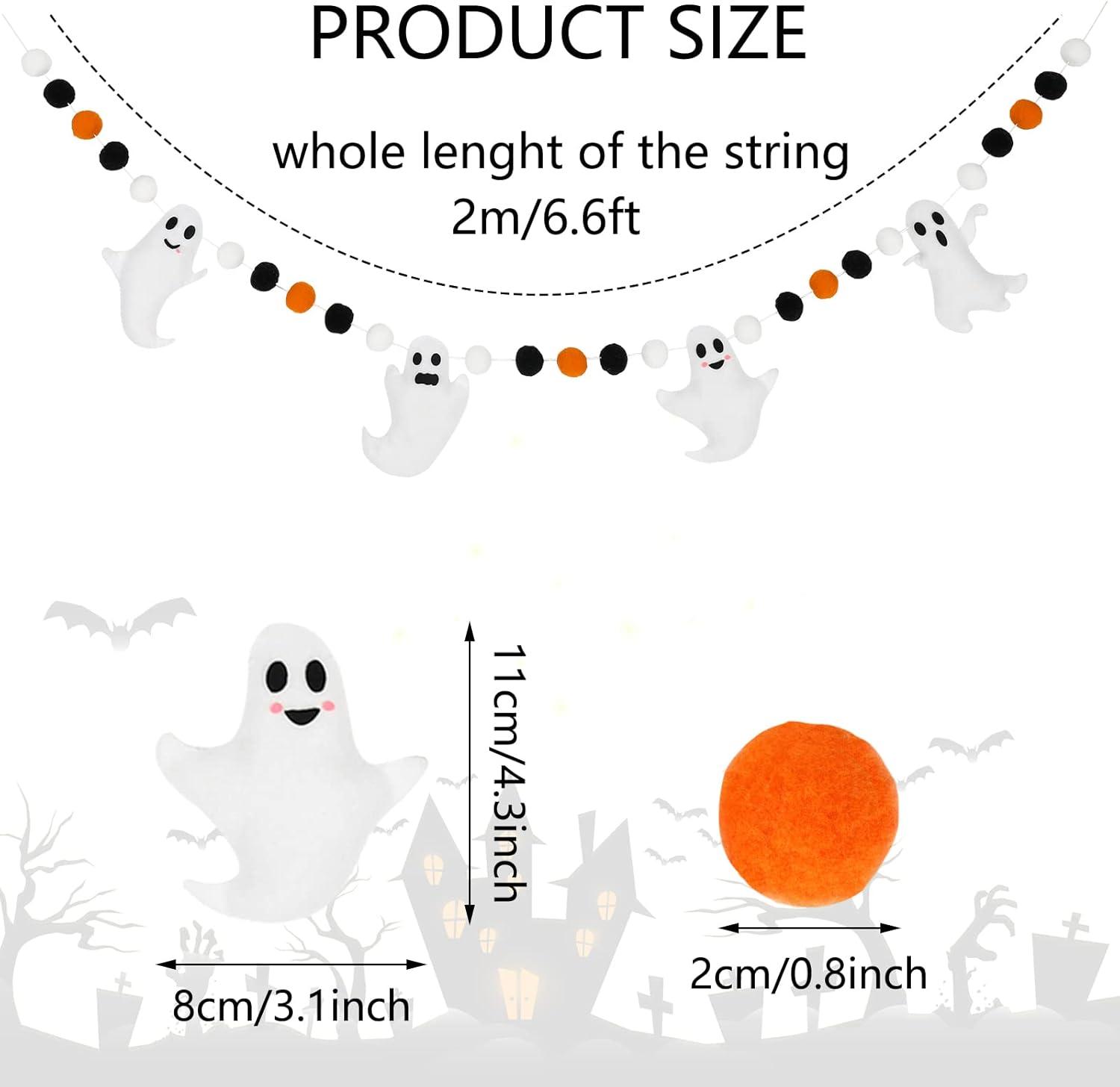 imageWhaline 66Ft Halloween Felt Banner Cute 3D Pink Ghost Hanging Garland Black Pink White Pom Ball Banner for Home Mantel Wall Window Decor Party SuppliesWhite