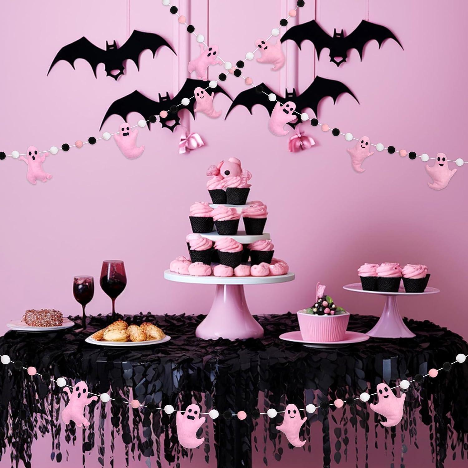 imageWhaline 66Ft Halloween Felt Banner Cute 3D Pink Ghost Hanging Garland Black Pink White Pom Ball Banner for Home Mantel Wall Window Decor Party SuppliesPink