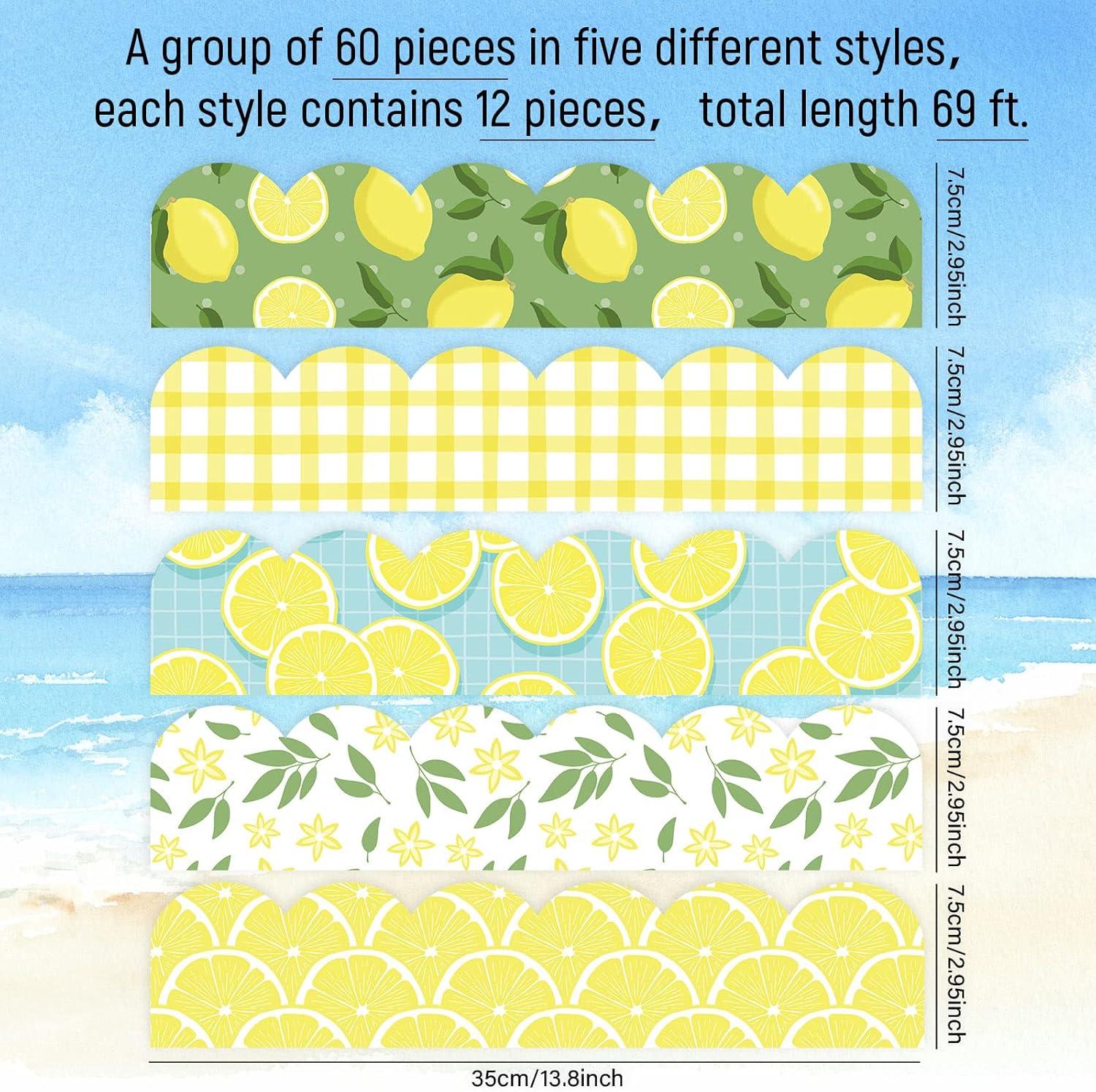 imageWhaline 69 Feet Summer Lemon Bulletin Board Borders Lemon Decorative Trim Border in 5 Designs SelfAdhesive Lemon Trim Blackboard Border Classroom Back to School Decorations 60Pcs