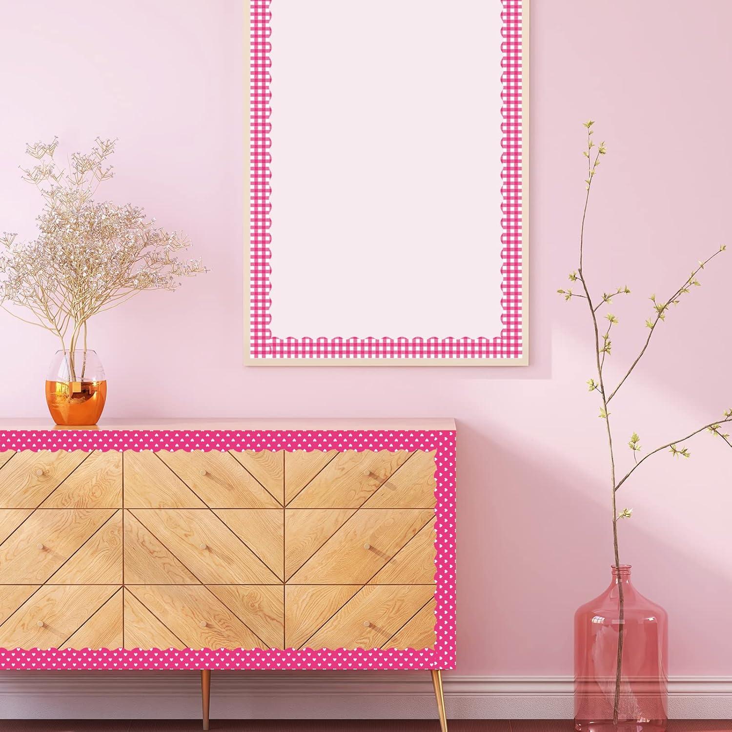 imageWhaline 69 Feet Valentines Day Bulletin Board Borders 5 Styles 60 Pieces Rolled Border Scalloped Border Heart Plaid Spot Stripe Red Bulletin Board Stickers for Decoration Party Home OfficeRose Pink