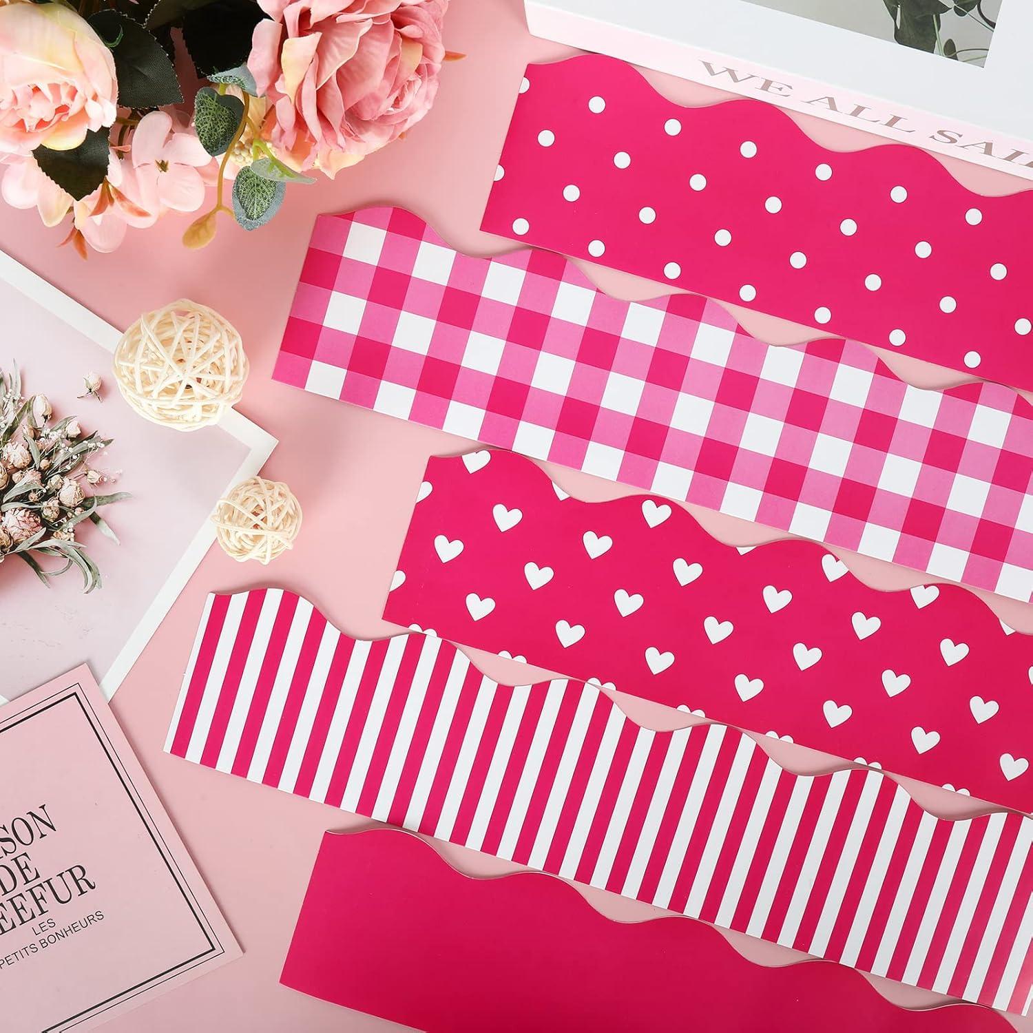 imageWhaline 69 Feet Valentines Day Bulletin Board Borders 5 Styles 60 Pieces Rolled Border Scalloped Border Heart Plaid Spot Stripe Red Bulletin Board Stickers for Decoration Party Home OfficeRose Pink